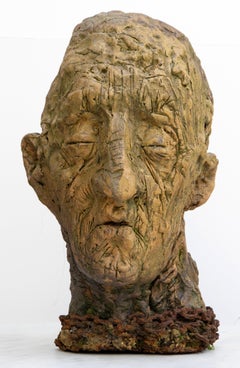 Expressive Stoneware Ceramic Head Sculpture with Oxidized Iron Base. Testa n 13