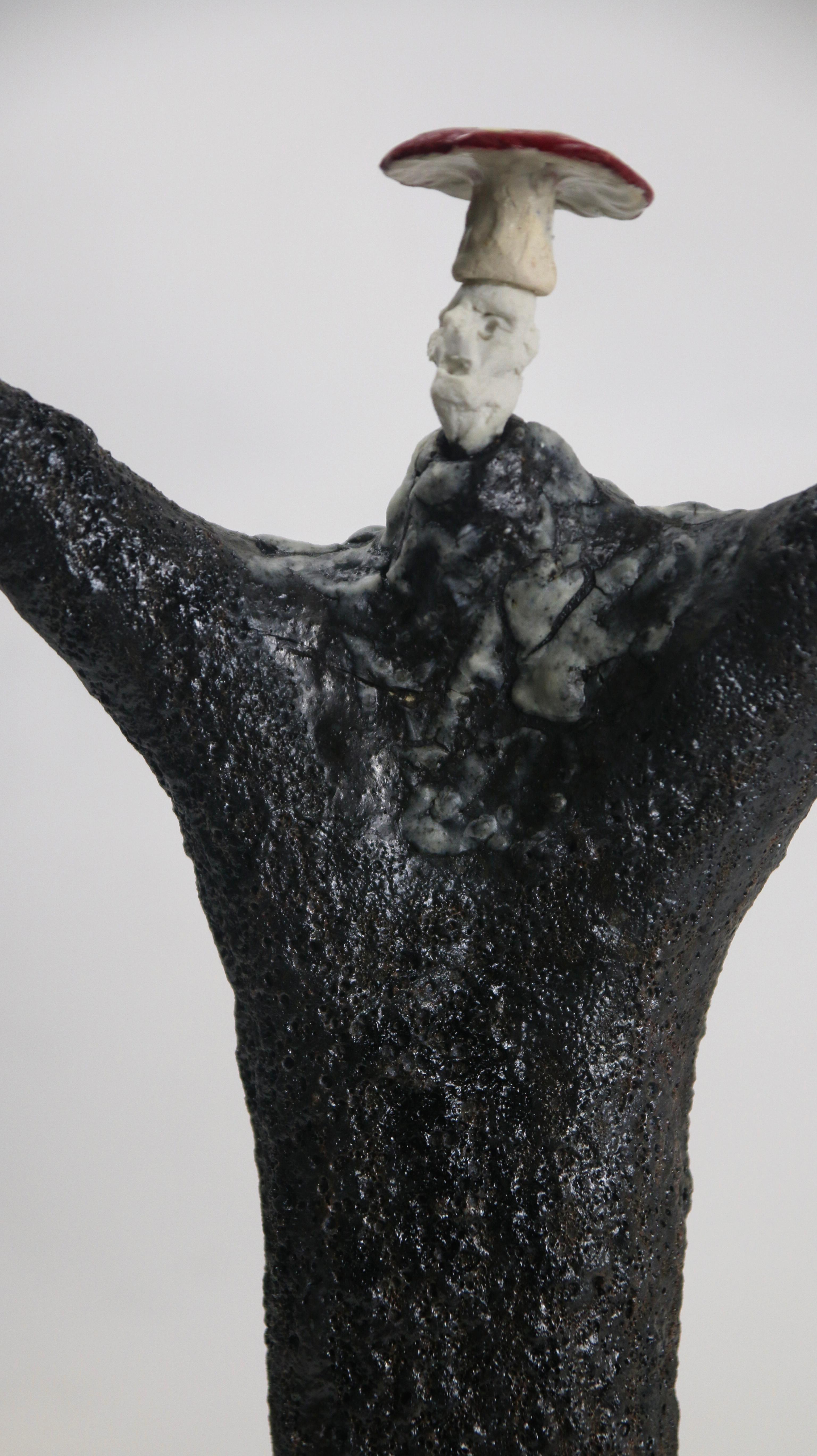 Sculpture figurative en céramique avec glaçure Shino, surface texturée en carborundum et tête en porcelaine surmontée d'une forme ressemblant à une amanite. Cette sculpture en céramique appartient à la série Extravagantes d'Óscar Aldonza, une série