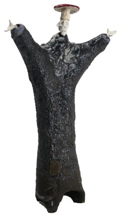 Sculpture figurative en céramique avec glaçure Shino et tête en porcelaine avec amanite