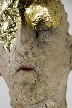 Figurative Mixed Media Bust Sculpture in Ceramic Oxides and Carved Fir Wood