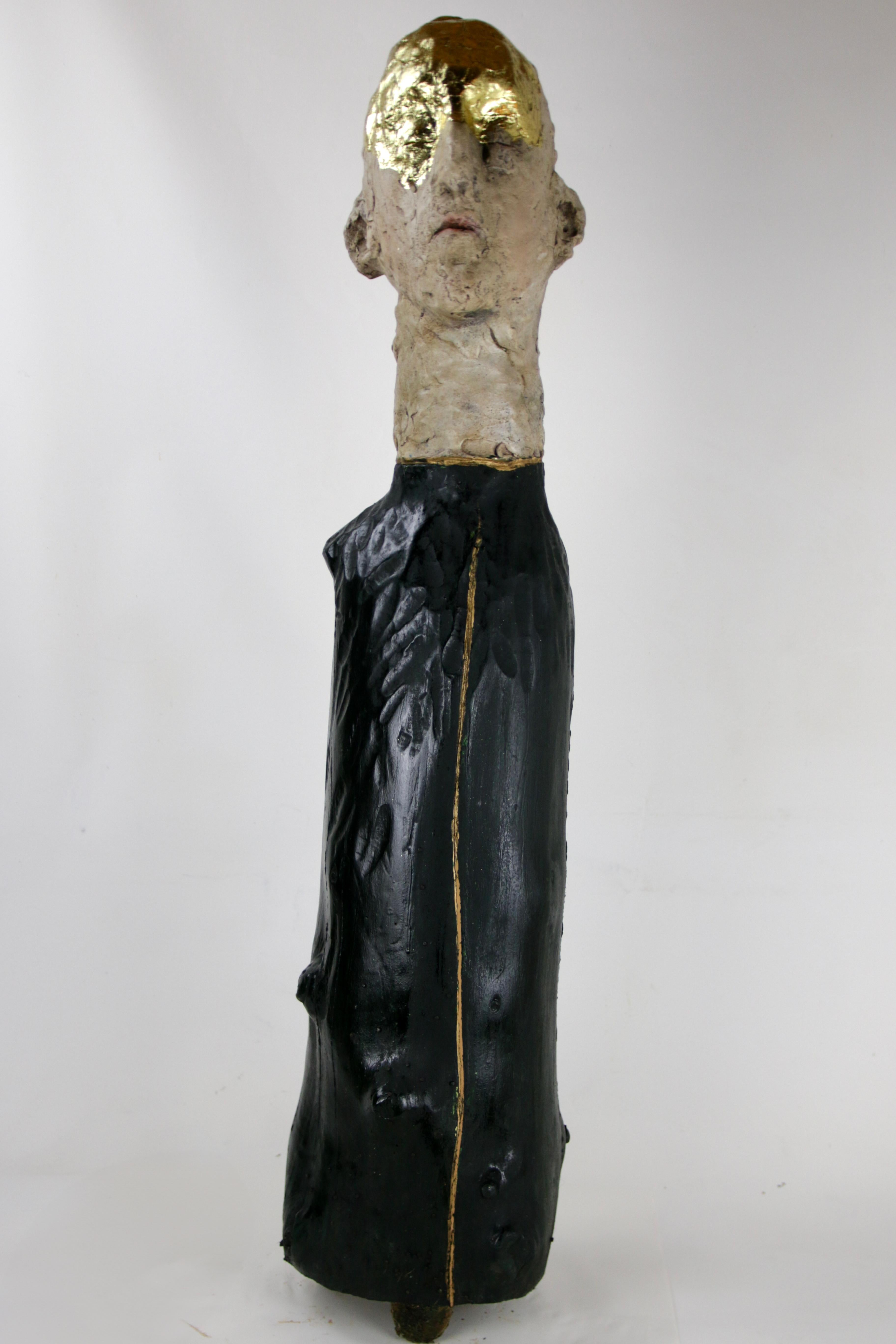 Figurative Mixed Media Bust Sculpture in Ceramic Oxides and Carved Fir Wood