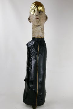 Busto figurativo a tecnica mista in ossidi di ceramica e legno di abete intagliato