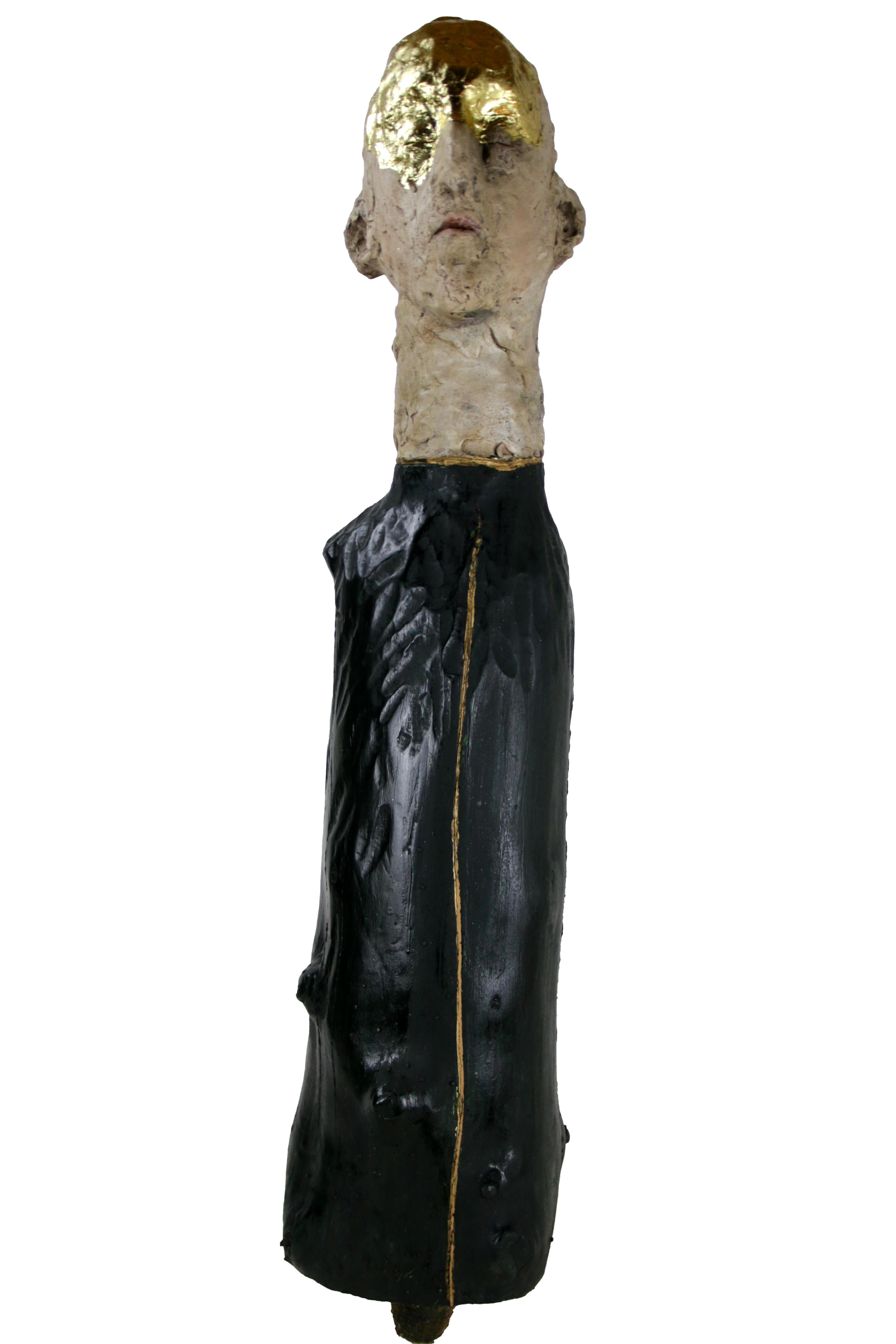 Figurative Mixed Media Bust Sculpture in Ceramic Oxides and Carved Fir Wood