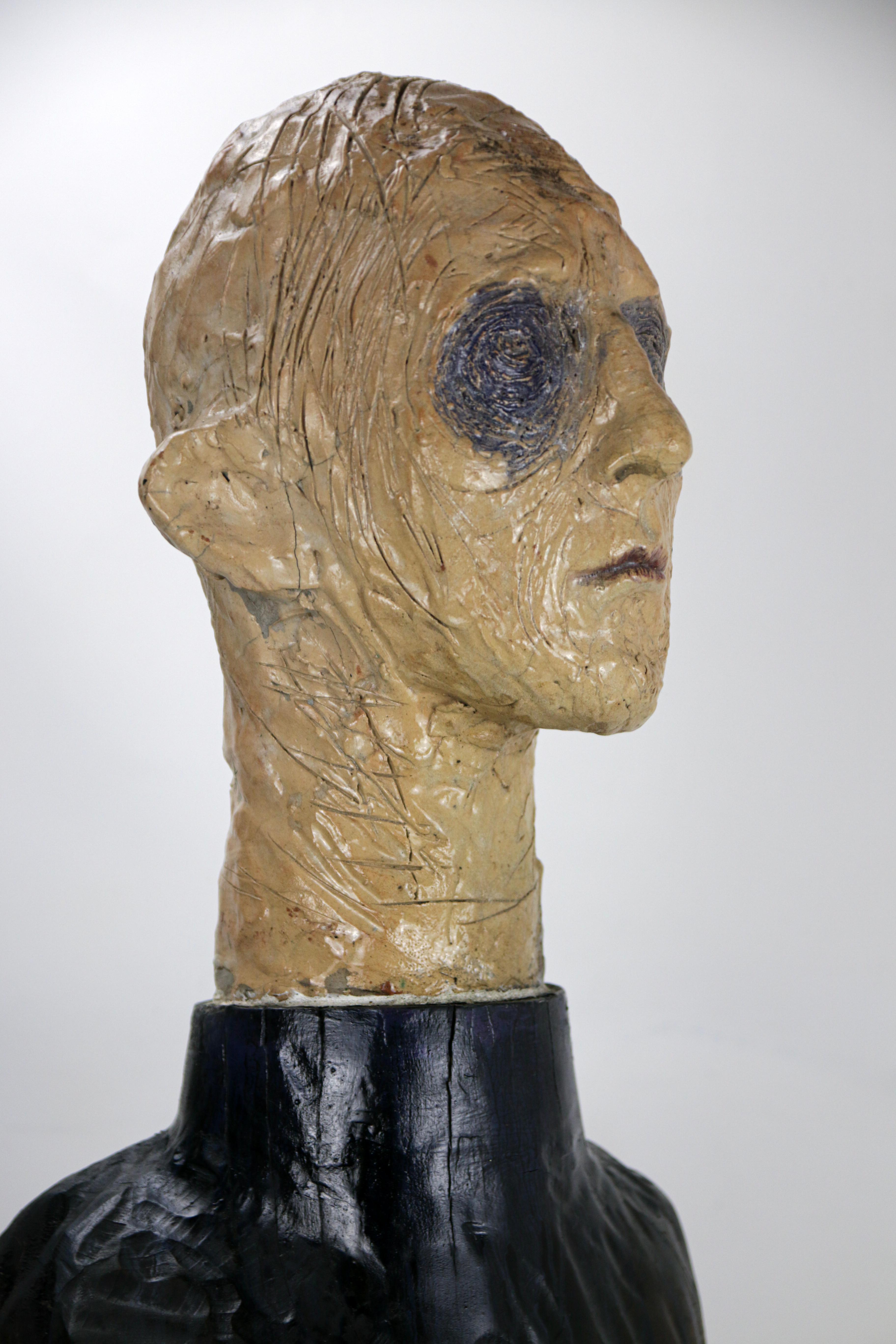 Figurative Sculpture in Raku Ceramic and Carved Poplar Wood People Series For Sale 10