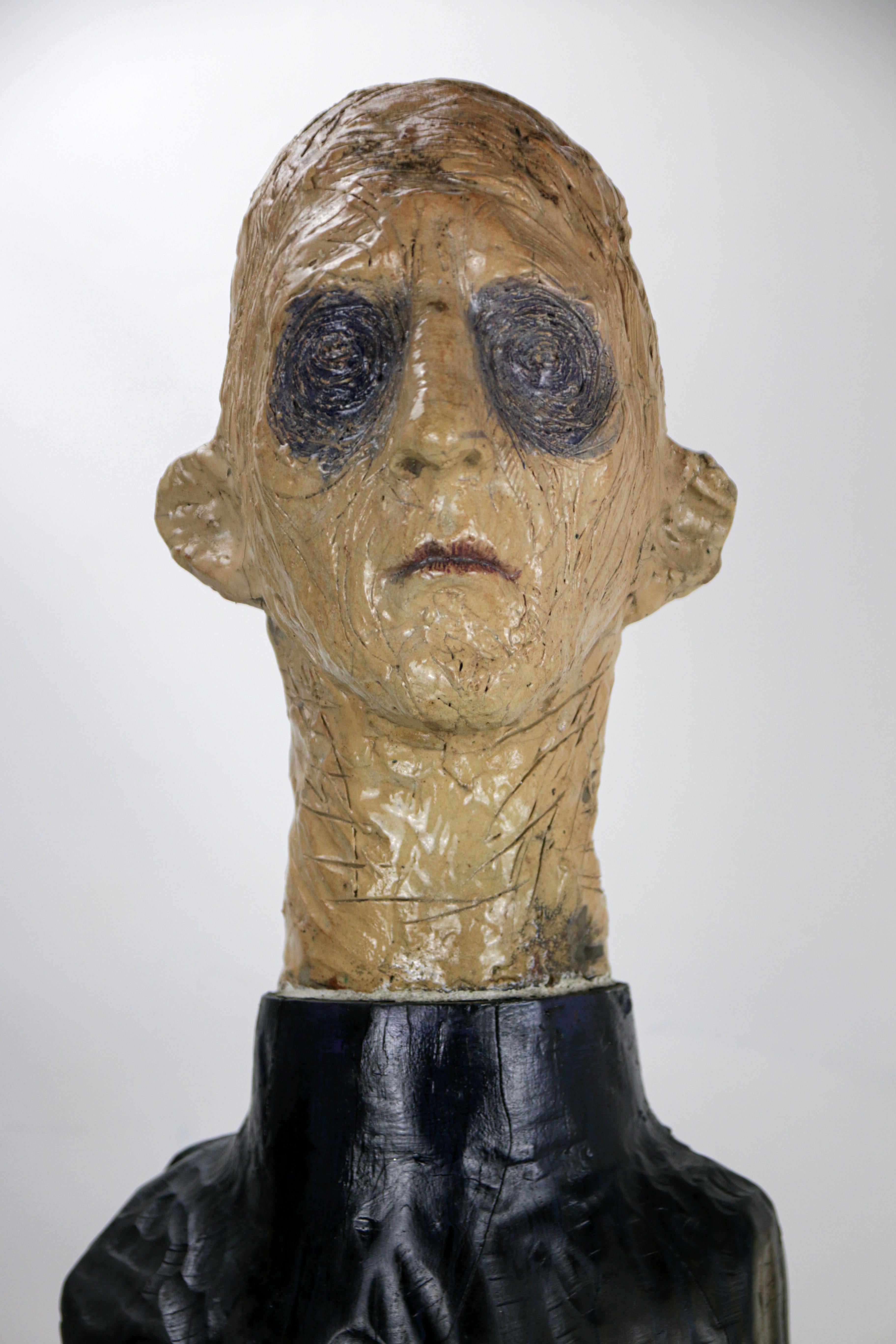 Figurative Sculpture in Raku Ceramic and Carved Poplar Wood People Series For Sale 11