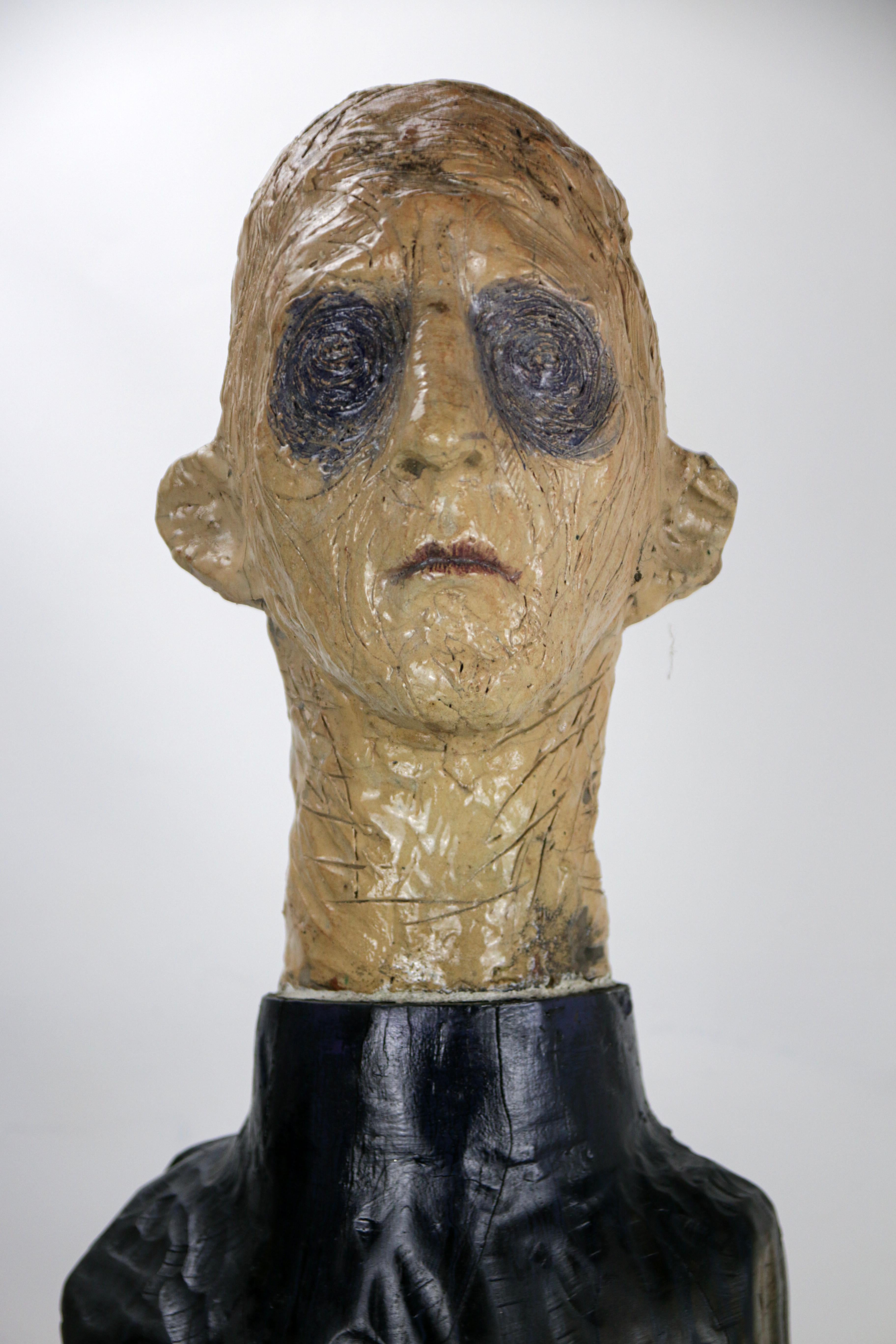 Figurative Sculpture in Raku Ceramic and Carved Poplar Wood People Series For Sale 12