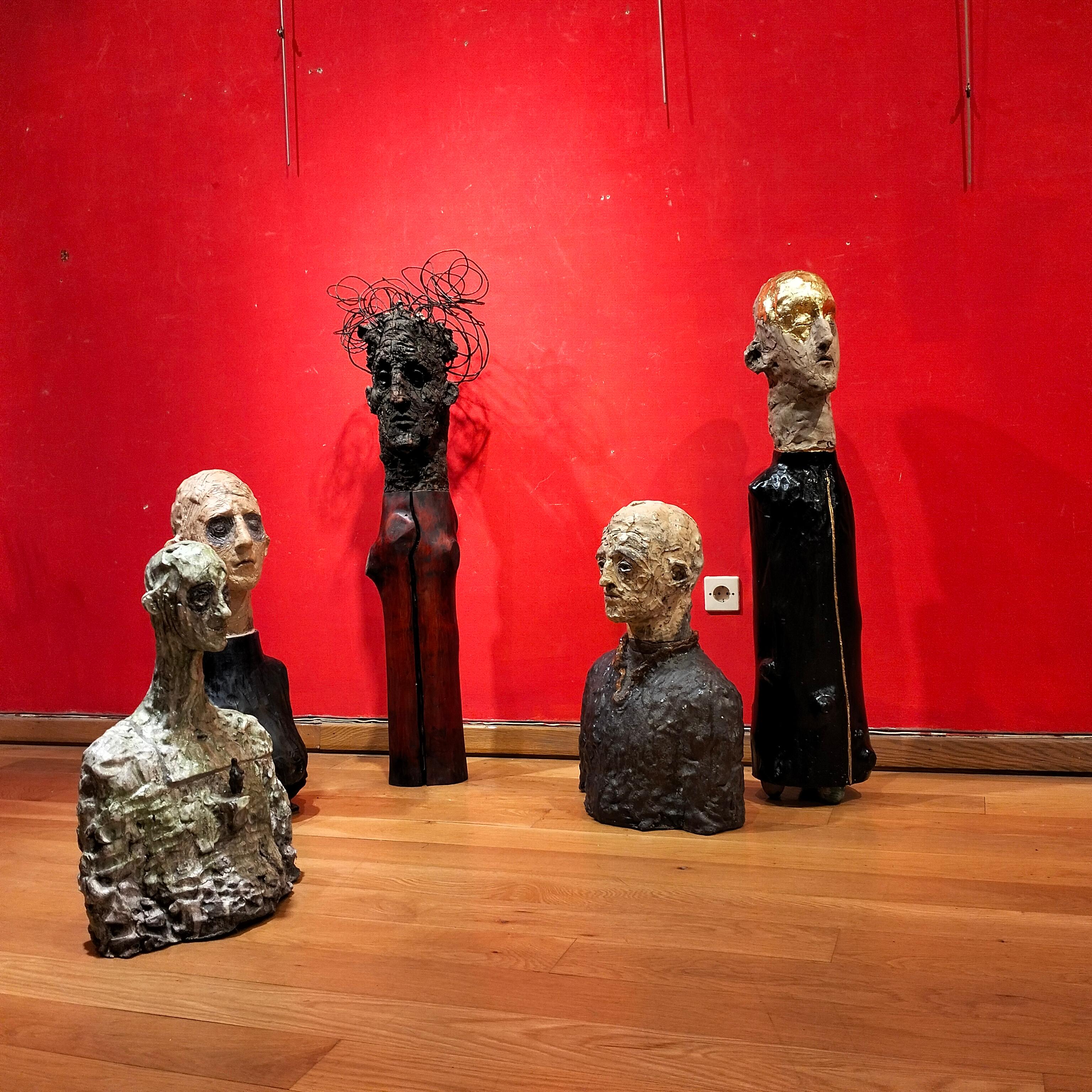 Figurative Sculpture in Raku Ceramic and Carved Poplar Wood People Series For Sale 13