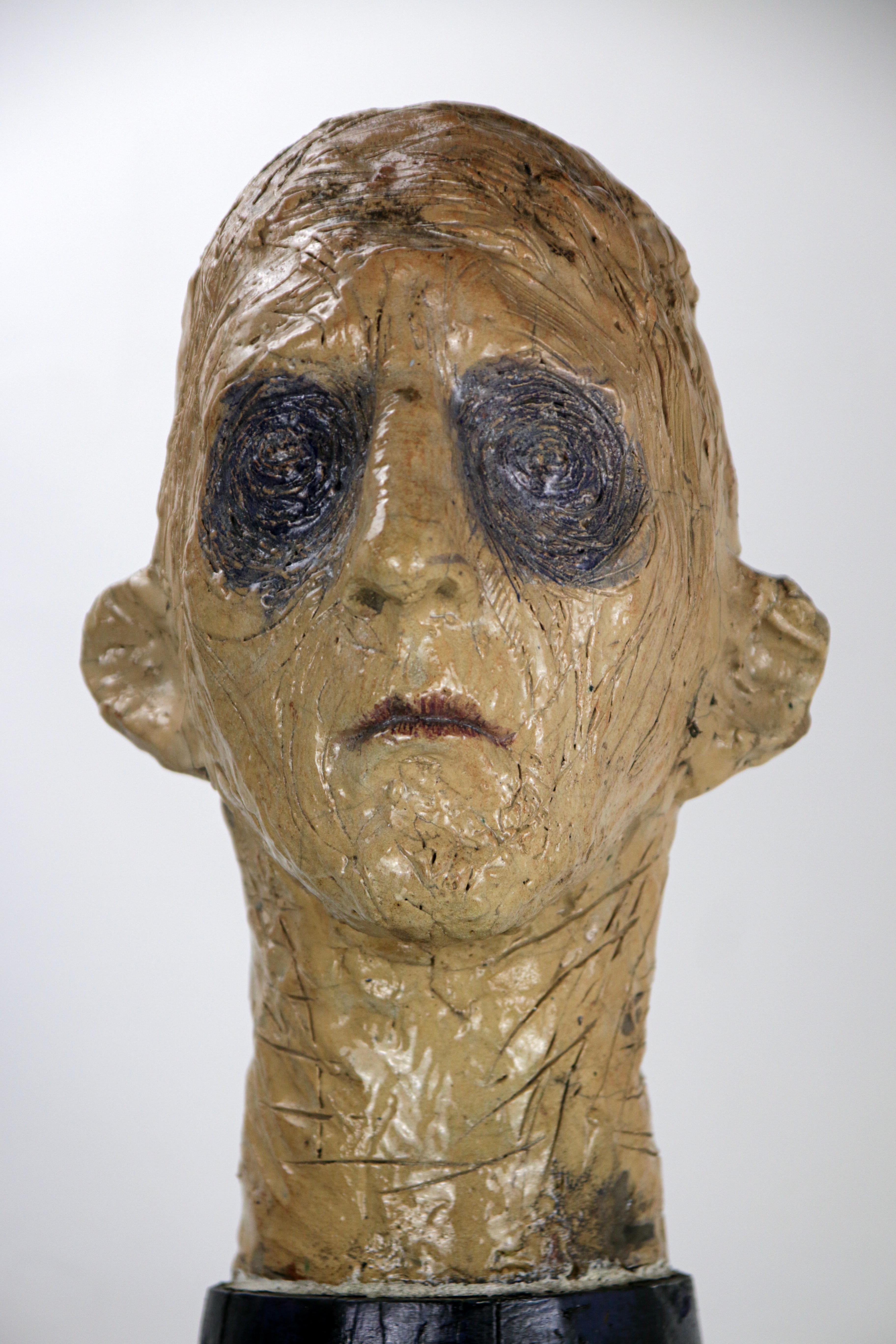 Figurative Sculpture in Raku Ceramic and Carved Poplar Wood People Series For Sale 1