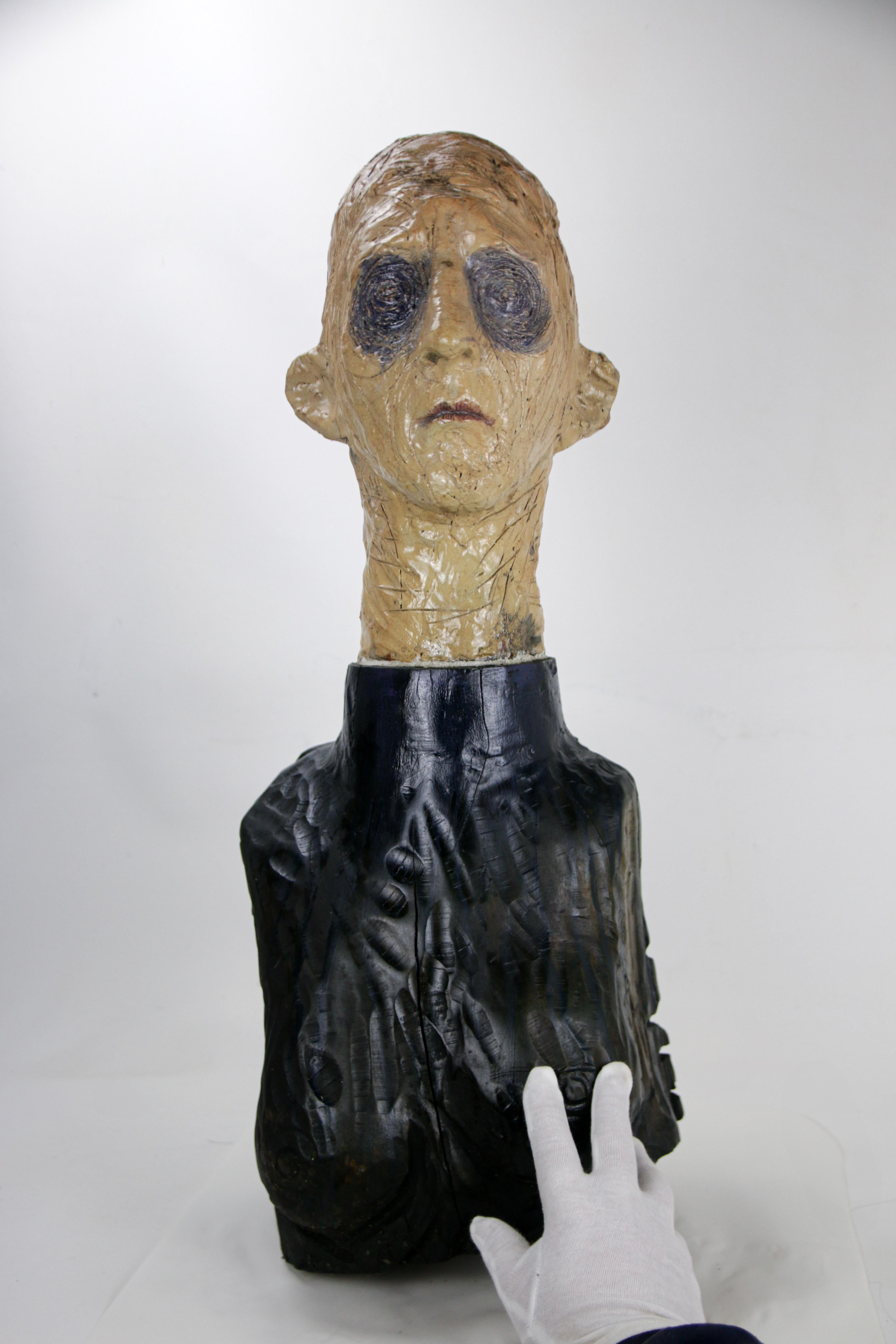 Figurative Sculpture in Raku Ceramic and Carved Poplar Wood People Series For Sale 2