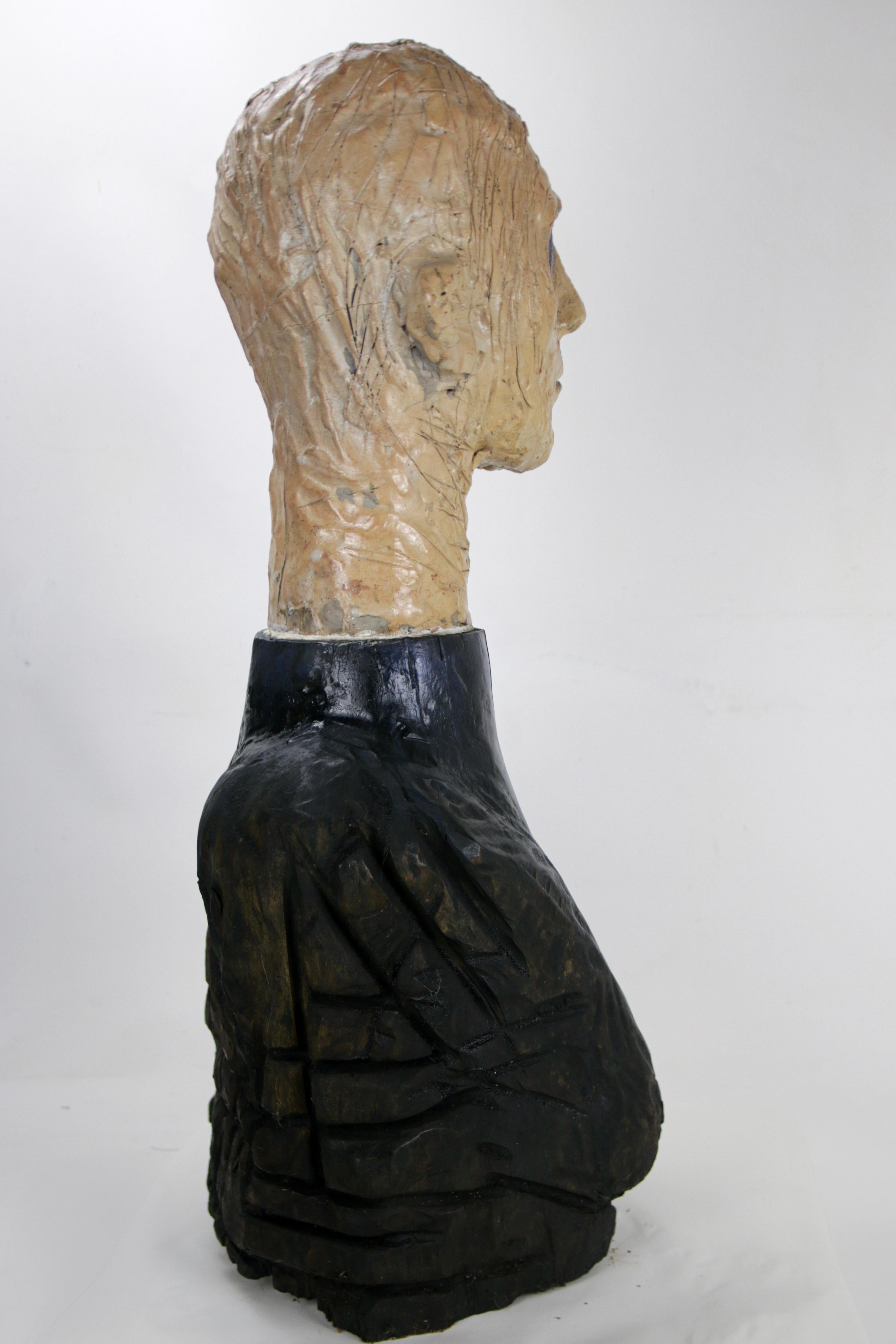 Figurative Sculpture in Raku Ceramic and Carved Poplar Wood People Series For Sale 4