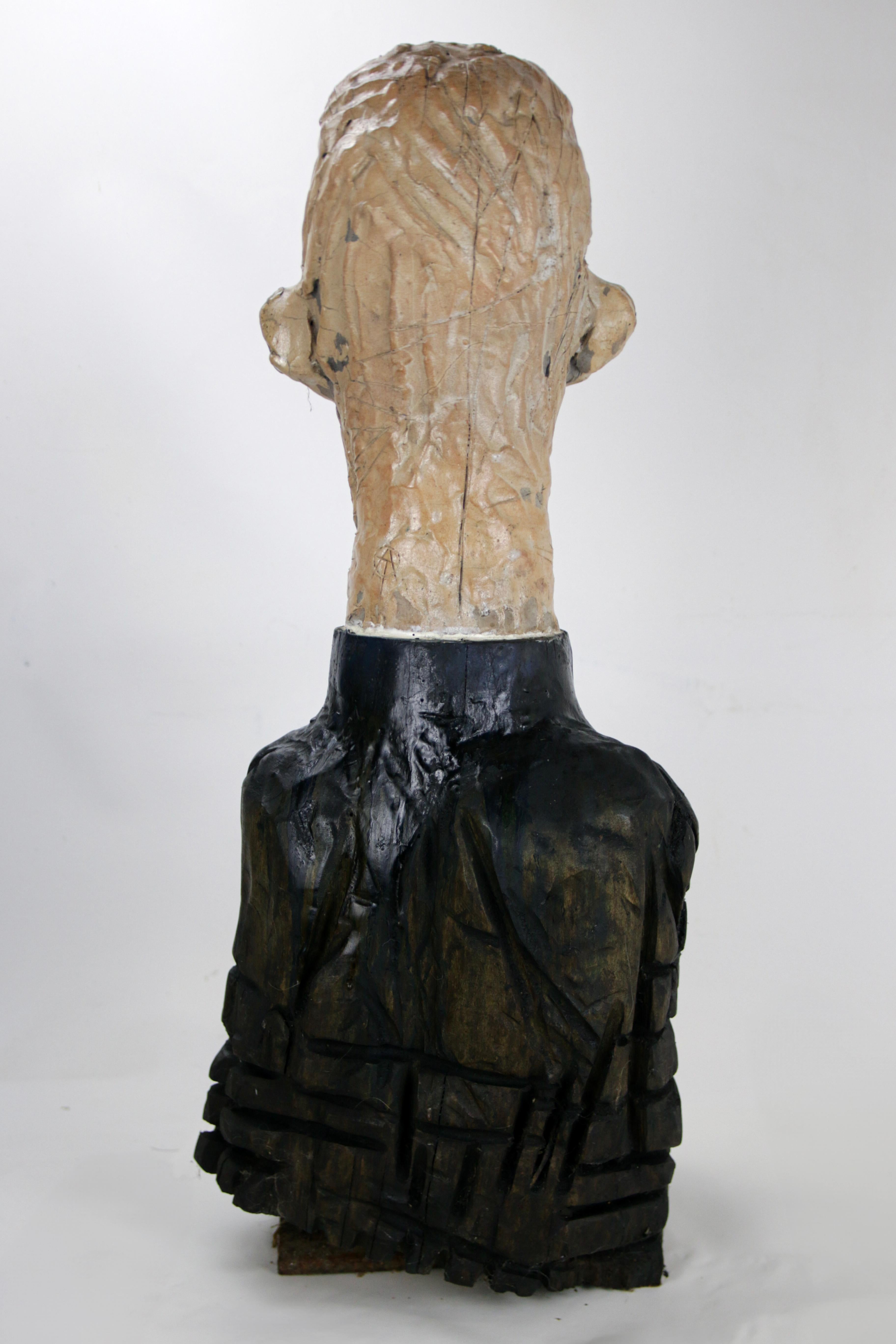 Figurative Sculpture in Raku Ceramic and Carved Poplar Wood People Series For Sale 5
