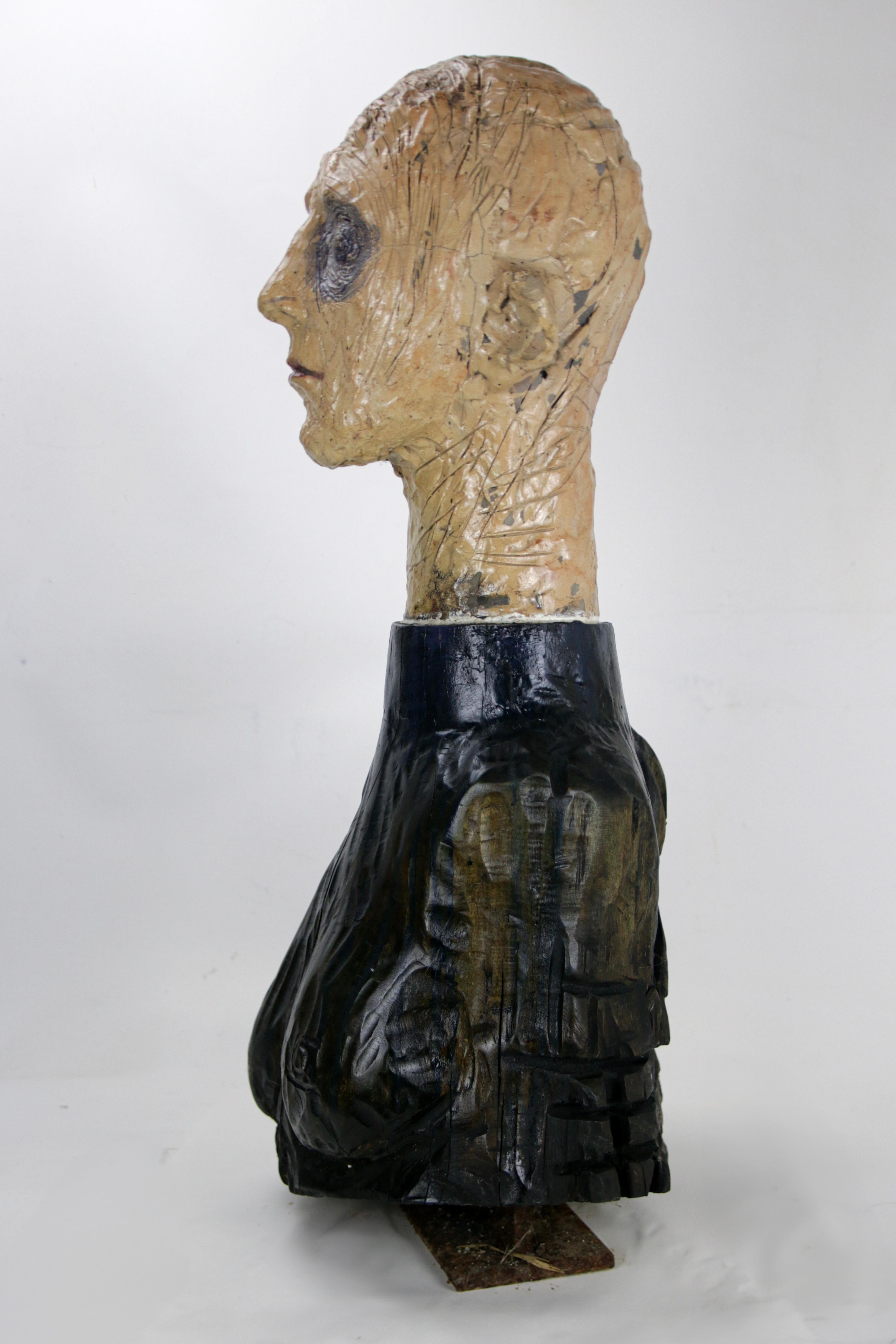 Figurative Sculpture in Raku Ceramic and Carved Poplar Wood People Series For Sale 6