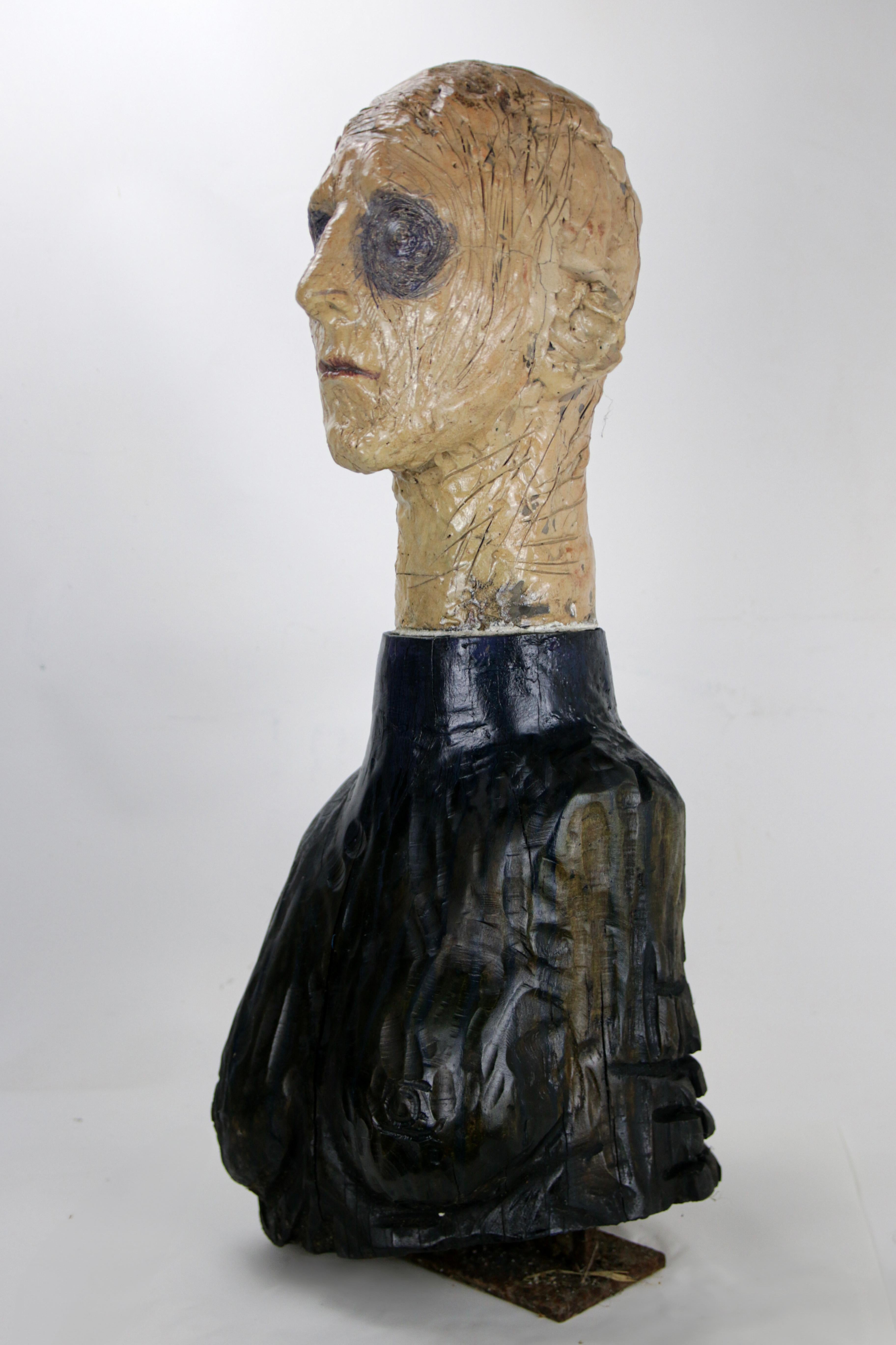 Figurative Sculpture in Raku Ceramic and Carved Poplar Wood People Series For Sale 7