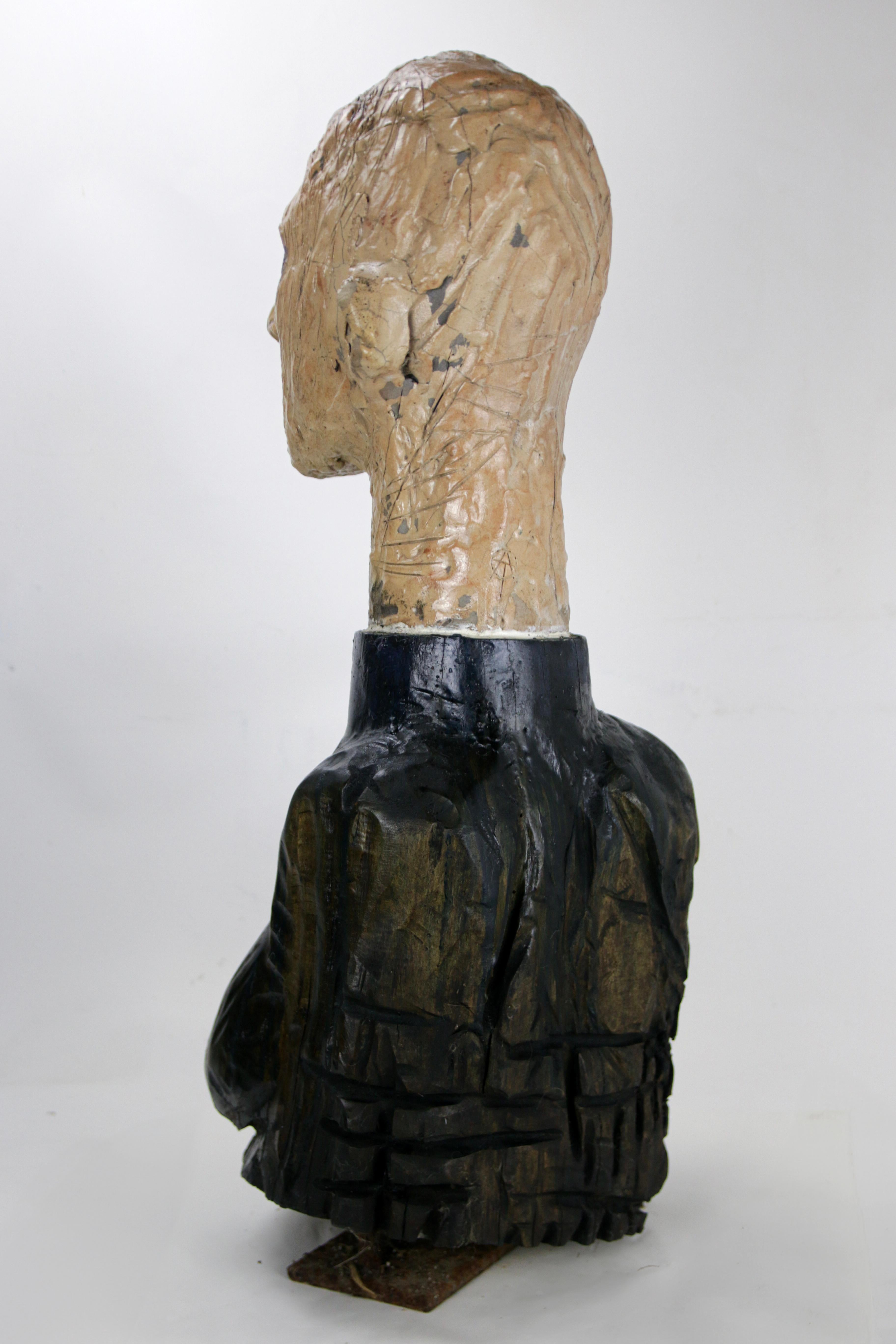 Figurative Sculpture in Raku Ceramic and Carved Poplar Wood People Series For Sale 8