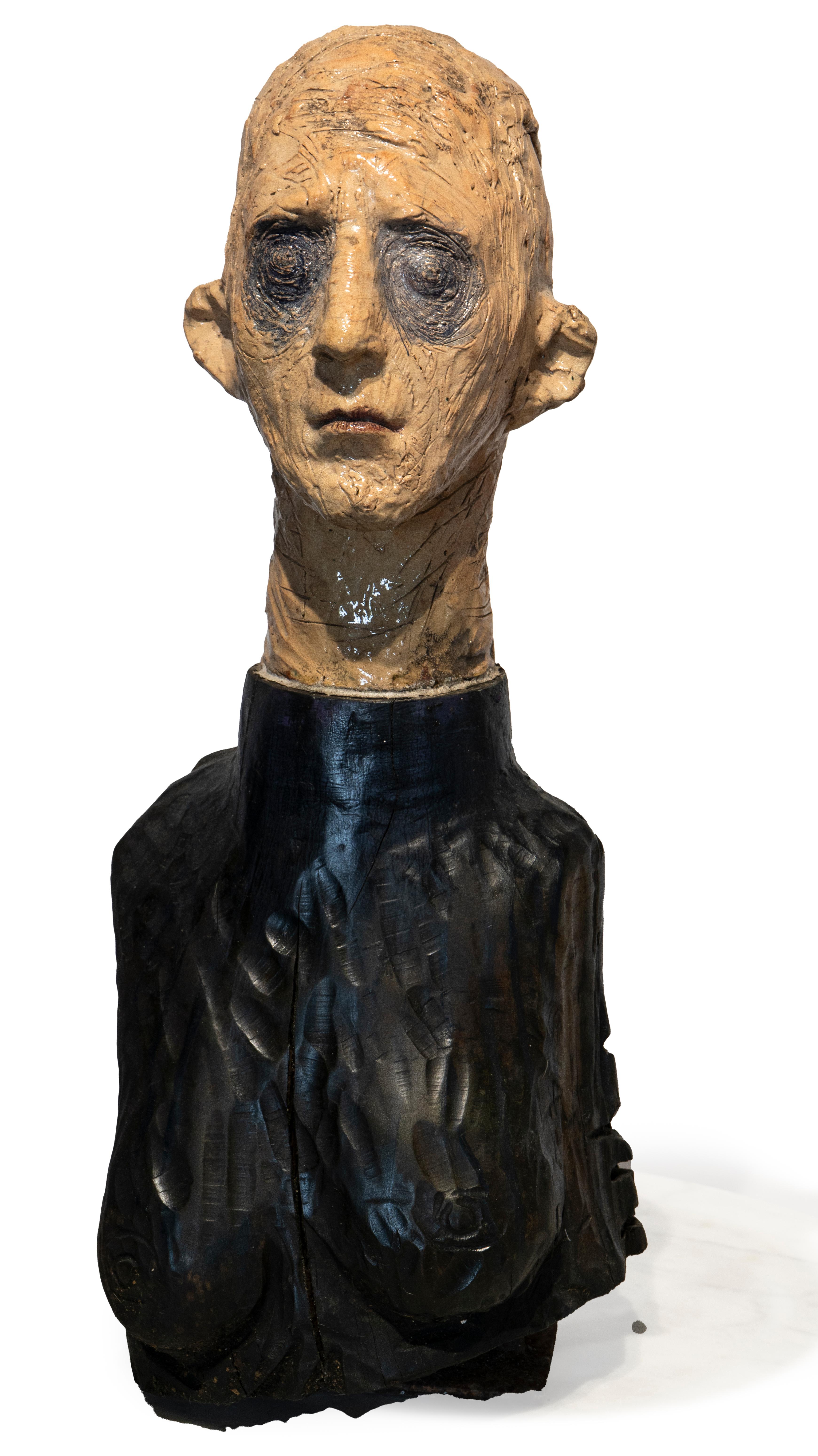Figurative Sculpture in Raku Ceramic and Carved Poplar Wood People Series