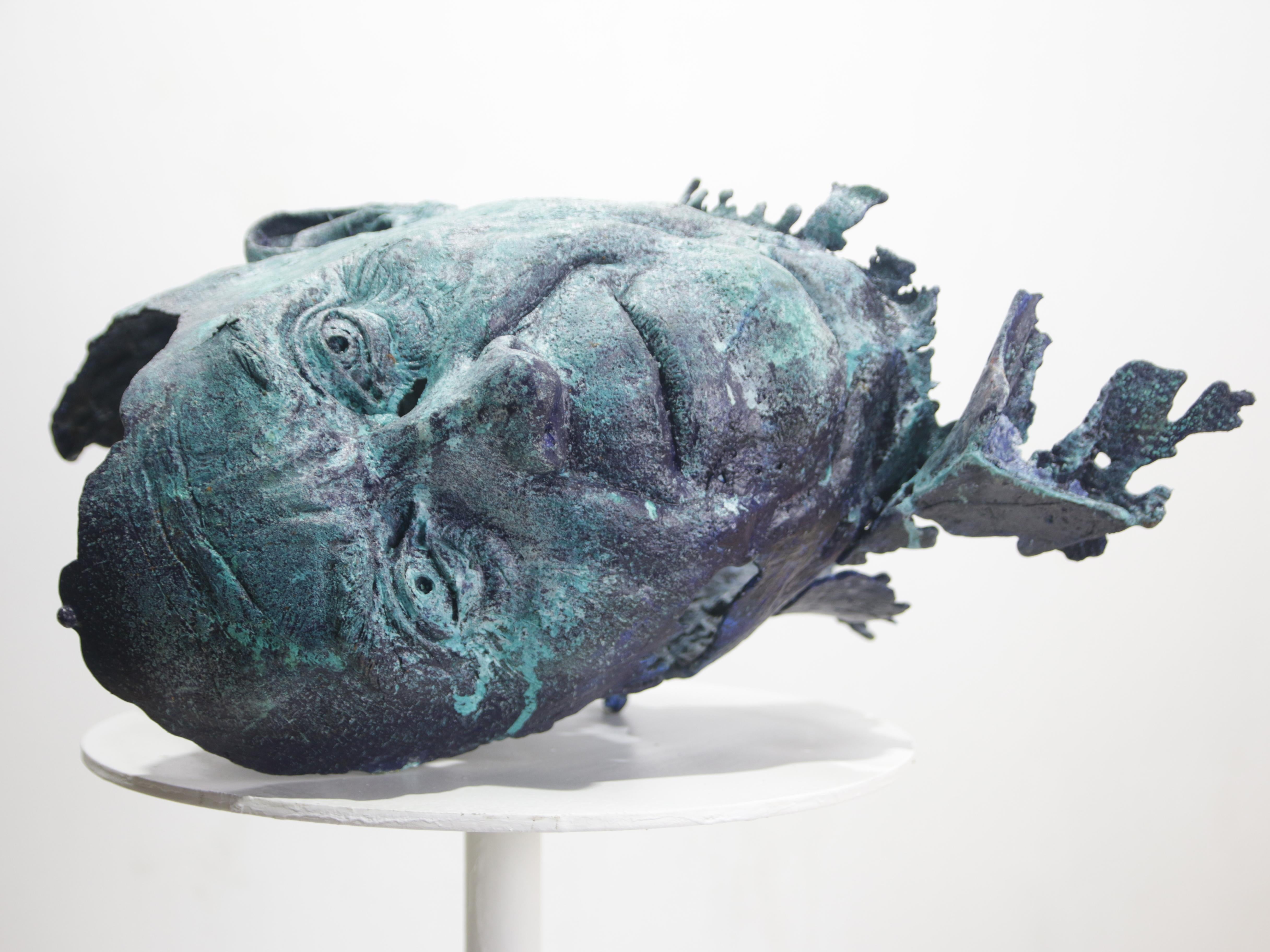 Fragmented Human Head with Verdigris Patina Lost-Wax Bronze Original Sculpture