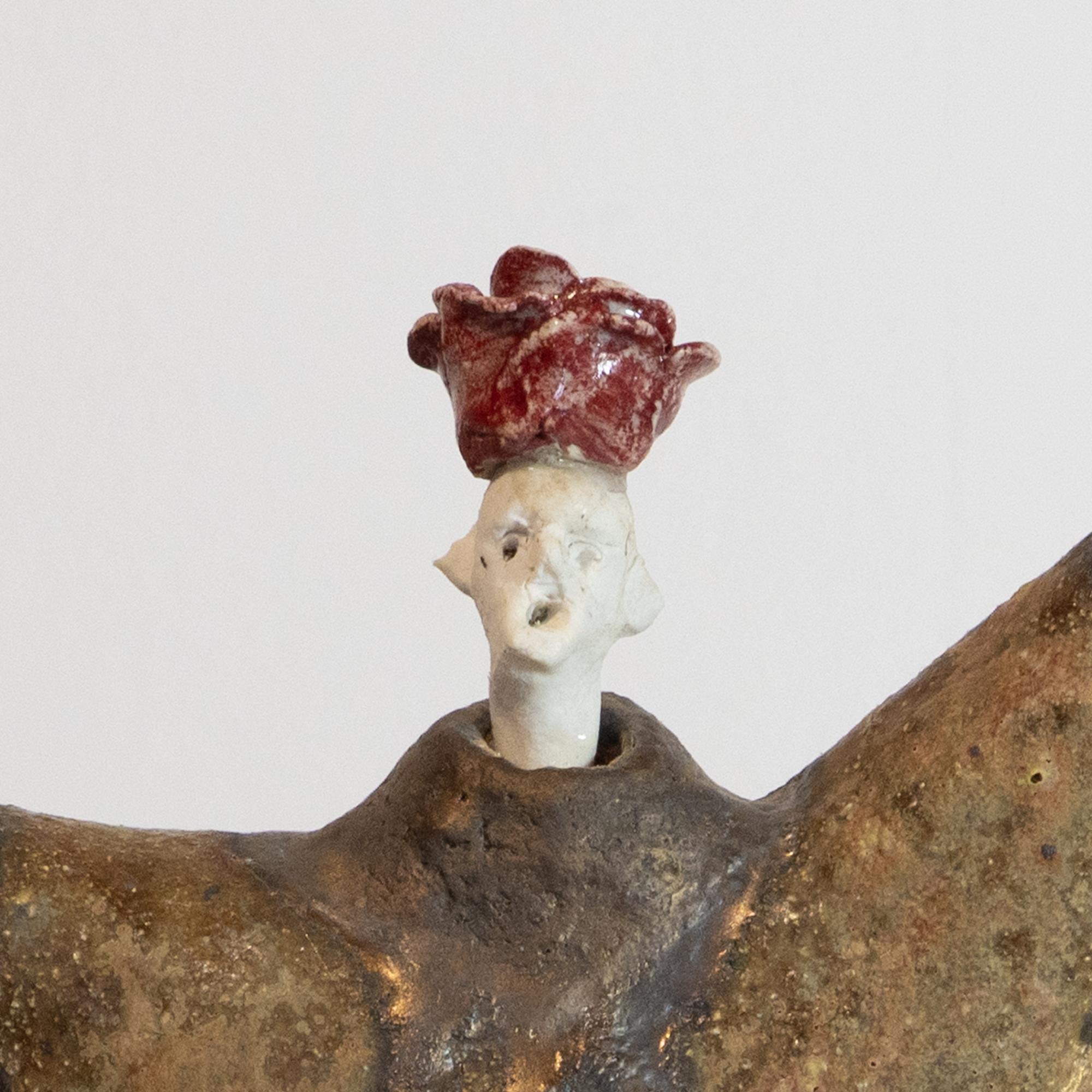 High fired glazed ceramic figurative sculpture Extravagant with Rosebud Hat For Sale 6