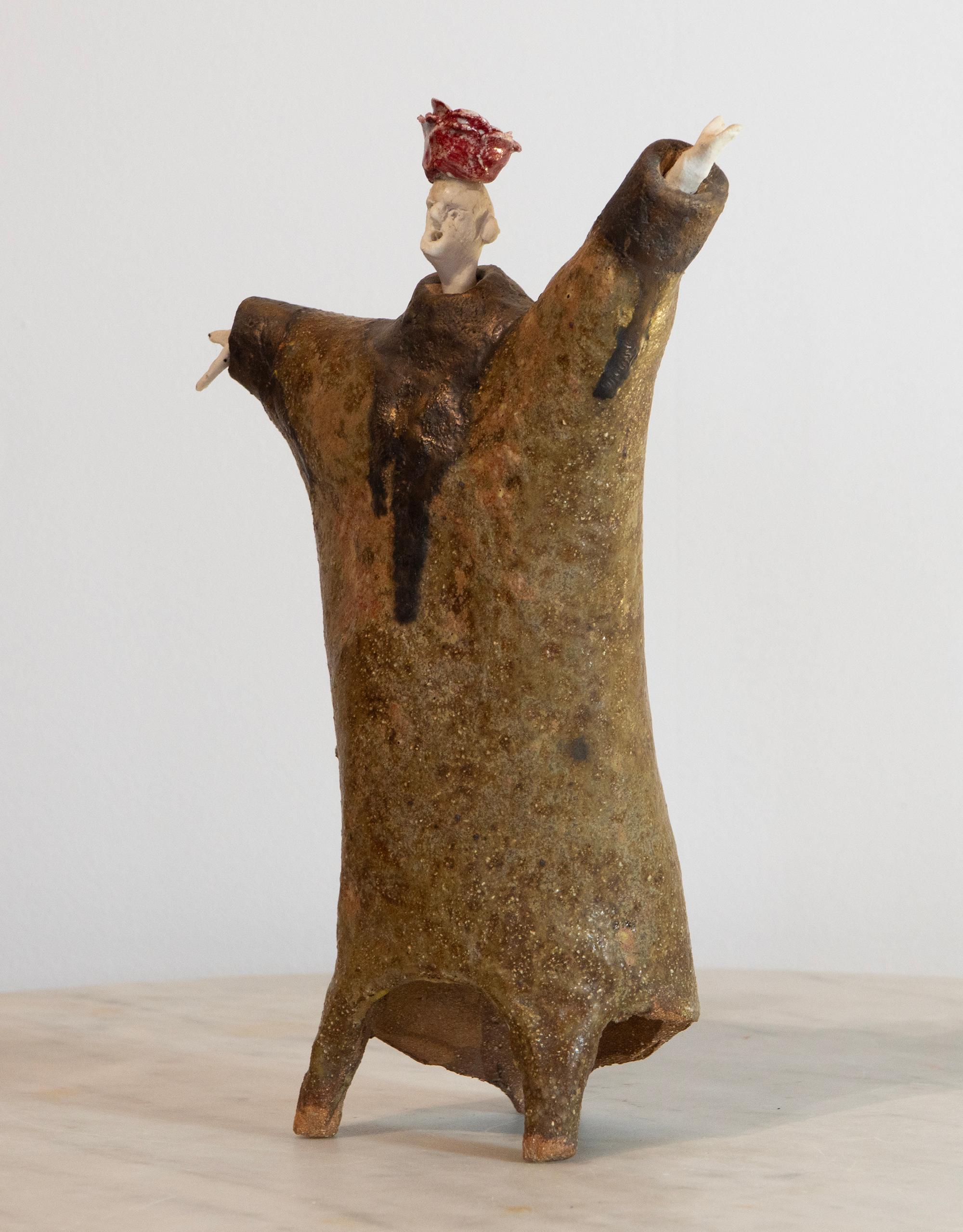 High fired glazed ceramic figurative sculpture Extravagant with Rosebud Hat For Sale 1
