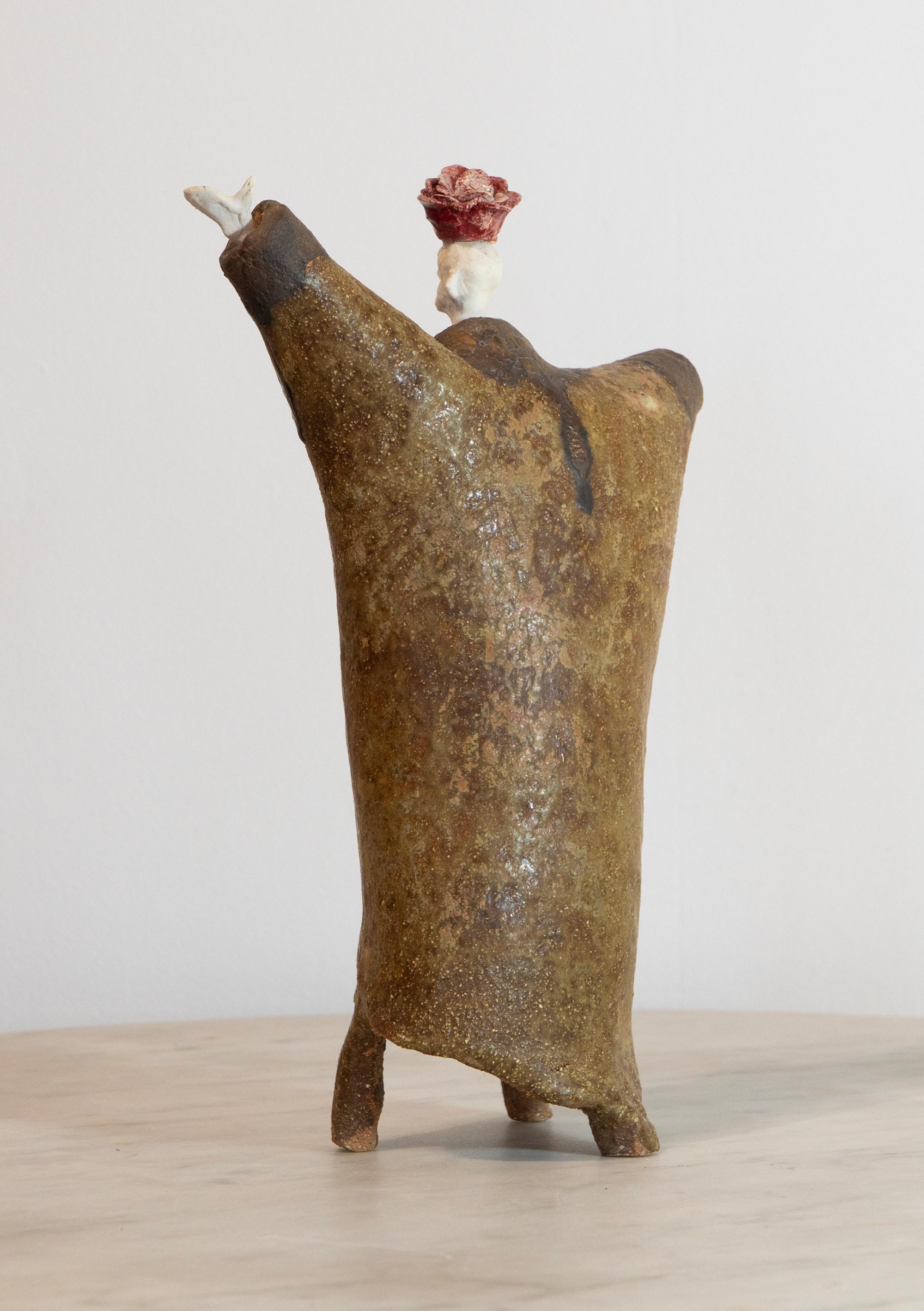 High fired glazed ceramic figurative sculpture Extravagant with Rosebud Hat For Sale 2