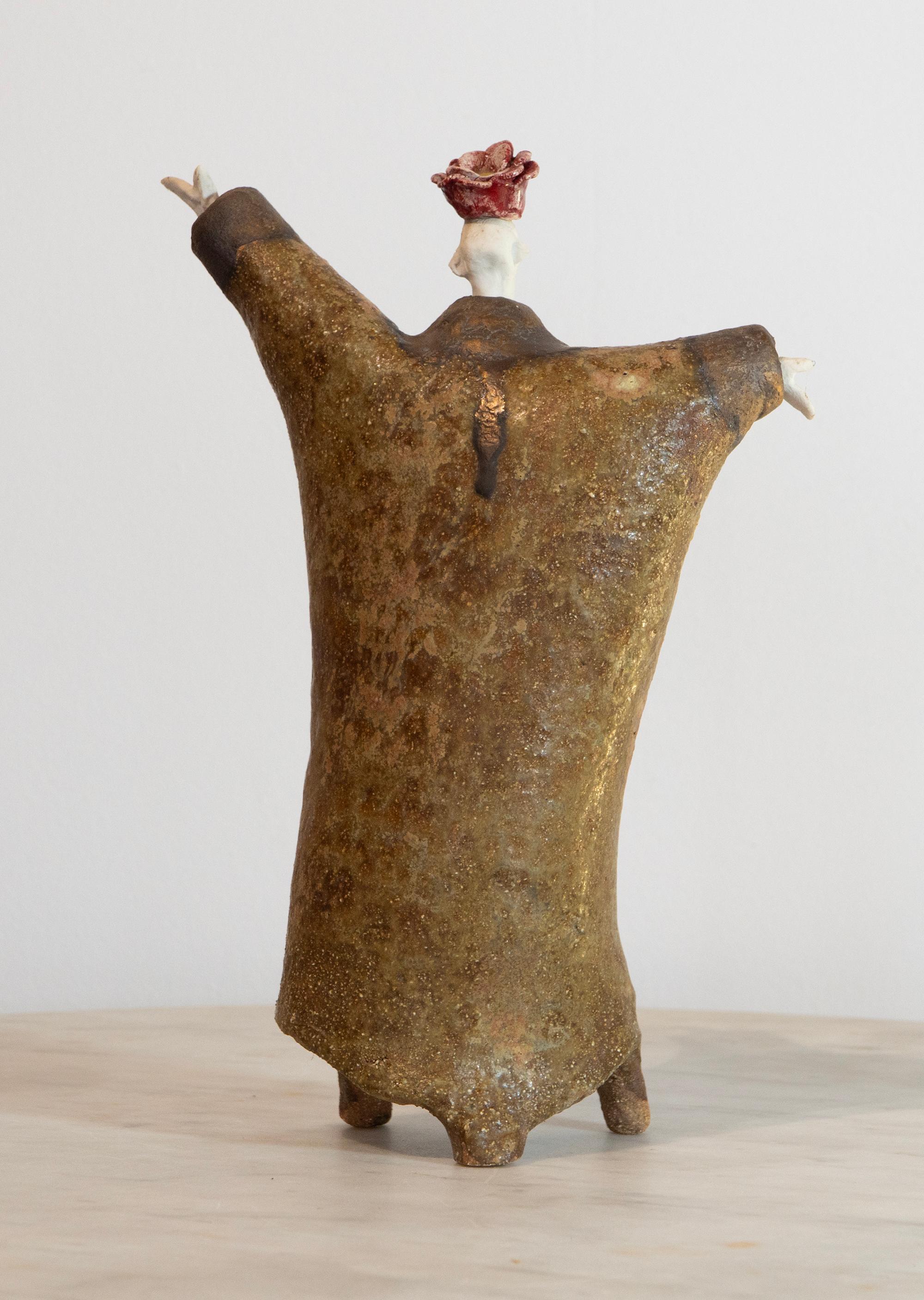 High fired glazed ceramic figurative sculpture Extravagant with Rosebud Hat For Sale 3