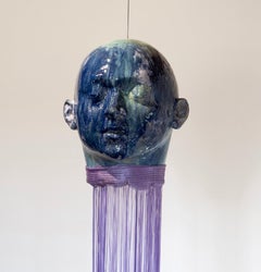 Kinetic Hanging Ceramic Head Sculpture with Textile Threads "Air"