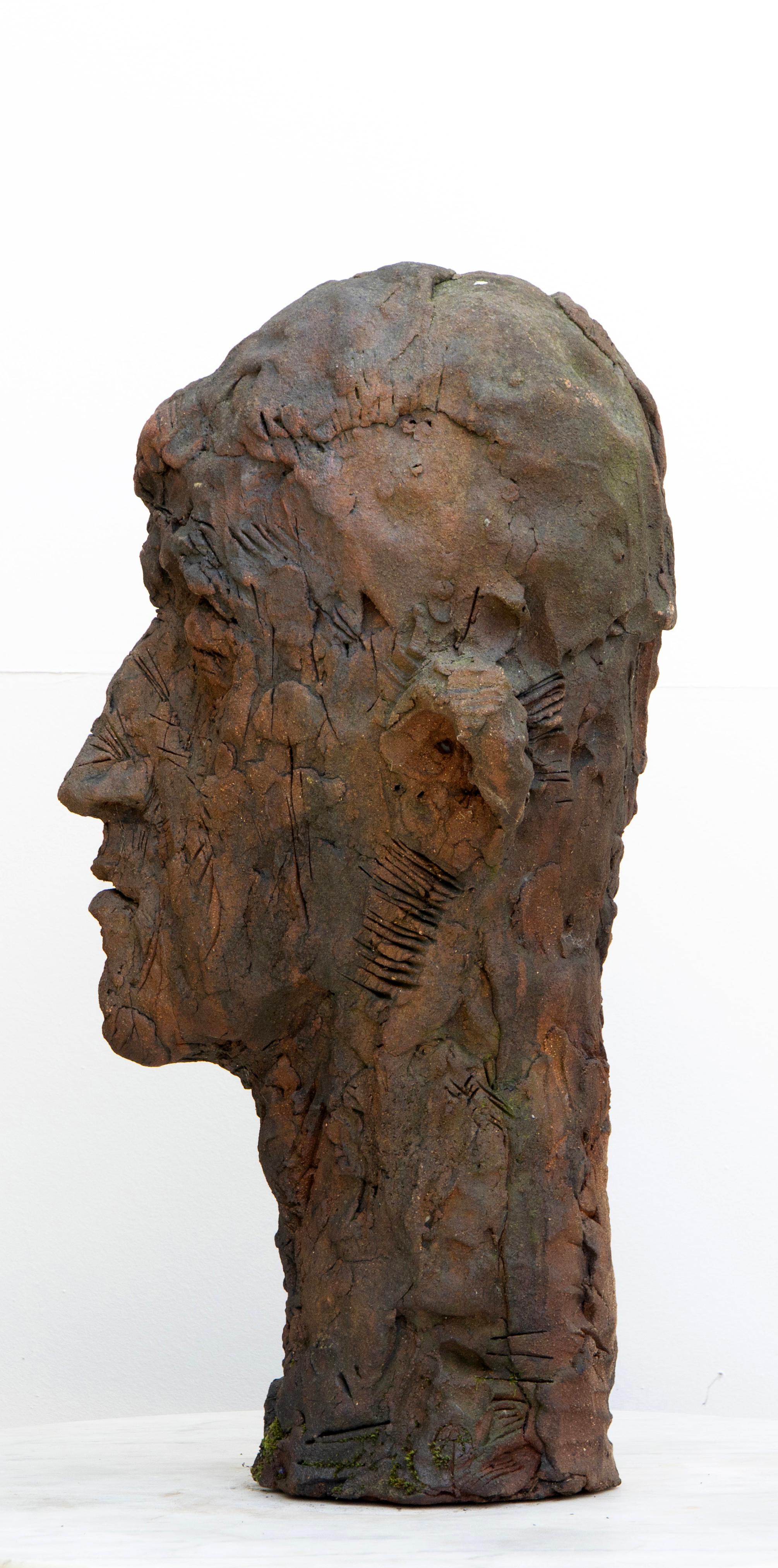 Große Kopfskulptur aus Keramik mit einer ausdrucksstarken und strukturierten Oberfläche, Teil der Serie Testa von Óscar Aldonza. Dieser monumentale Kopf (70 × 36 × 34 cm) ist aus feuerfestem Ton mit einer Patina aus Manganoxid gefertigt, die seine
