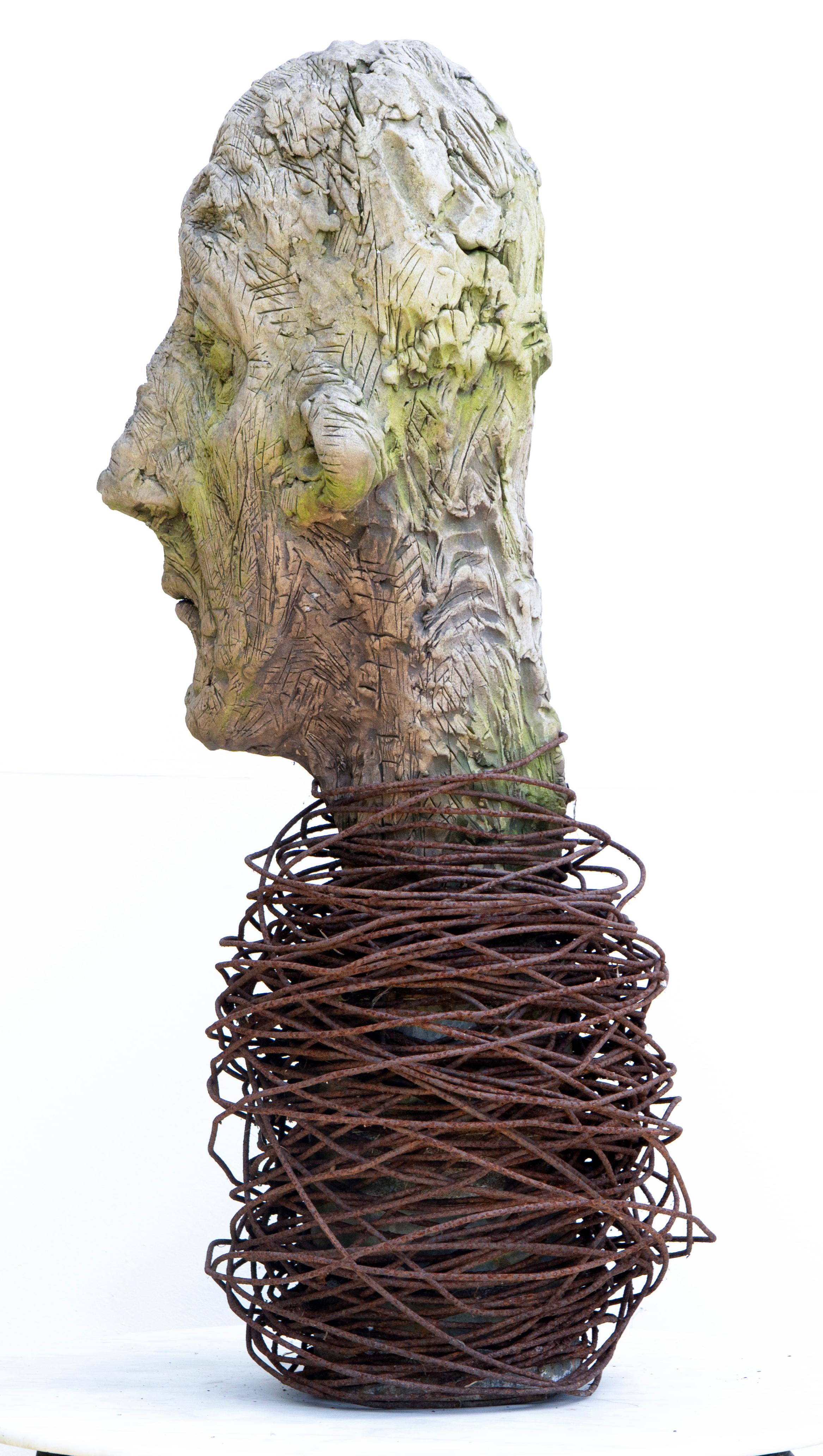 Large-scale ceramic head sculpture in refractory clay with manganese patina and forged iron collar. Testa No. 17 is one of the most monumental works in Óscar Aldonza’s “Testas” series, measuring 98 × 35 × 45 cm and weighing 32 kg. This imposing head