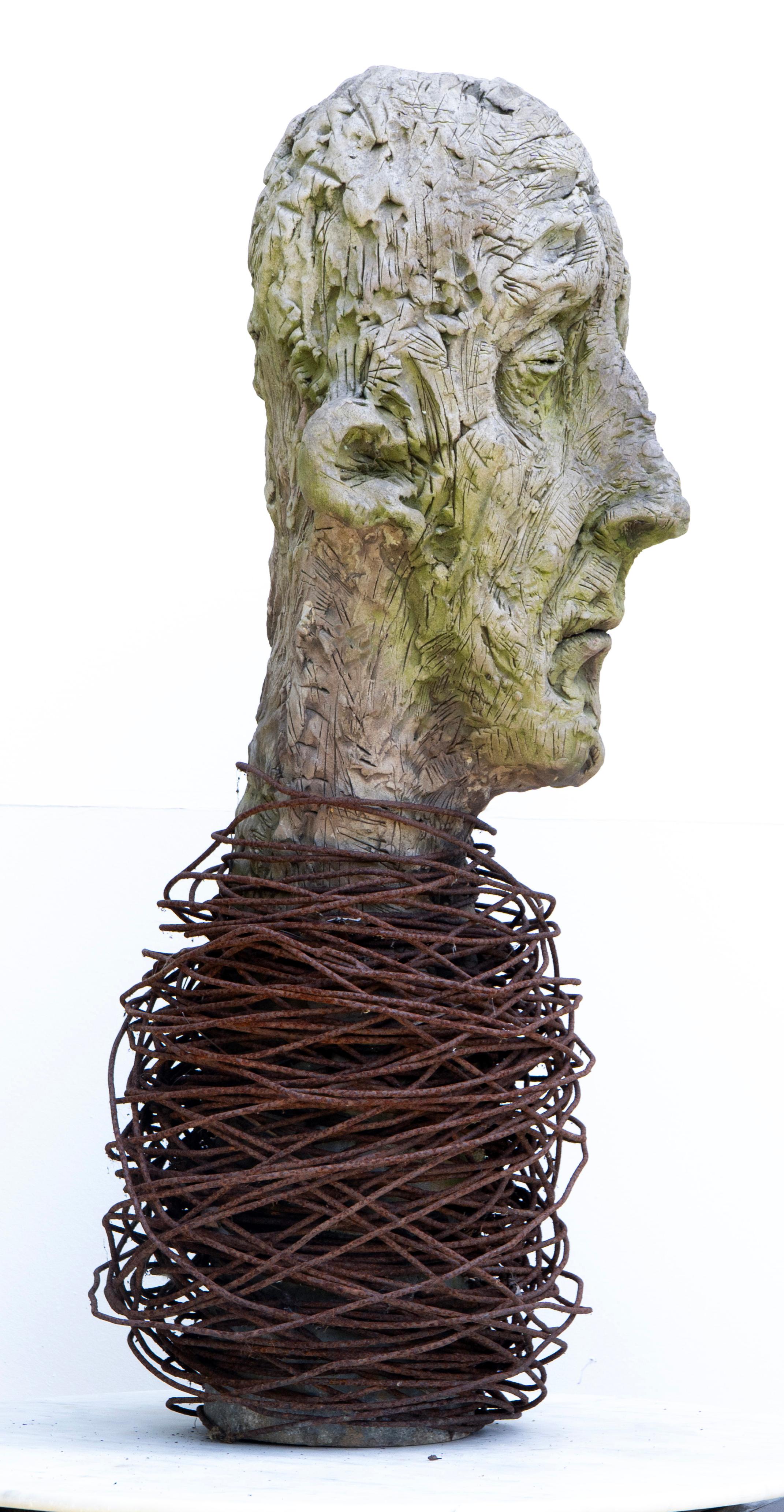 Large-Scale Ceramic Head Sculpture with Forged Iron Collar – Testa No. 17 For Sale 4