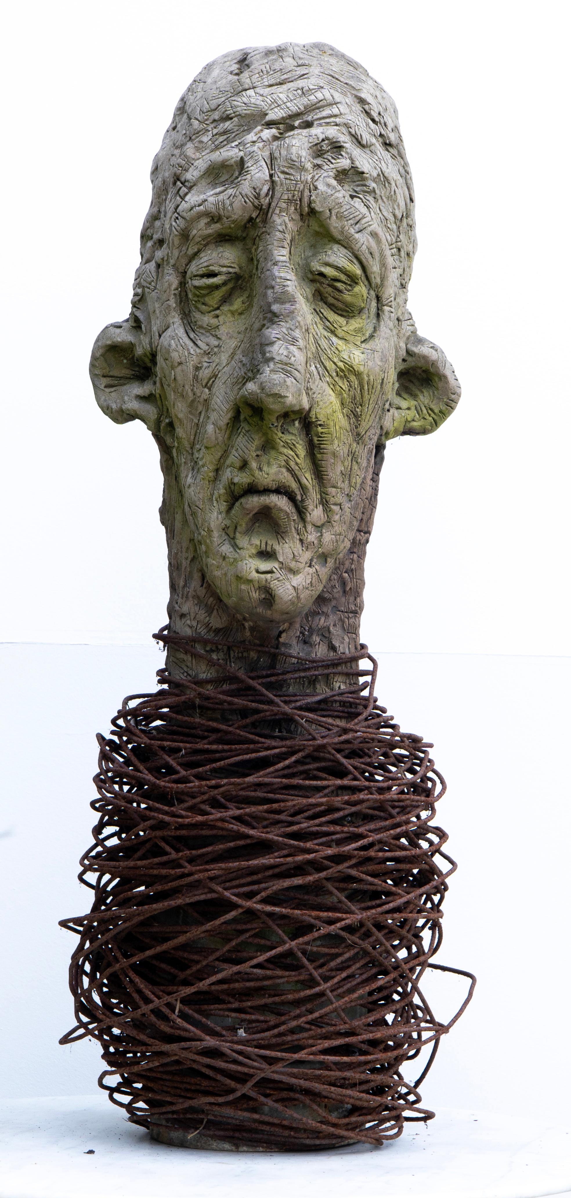Large-Scale Ceramic Head Sculpture with Forged Iron Collar – Testa No. 17