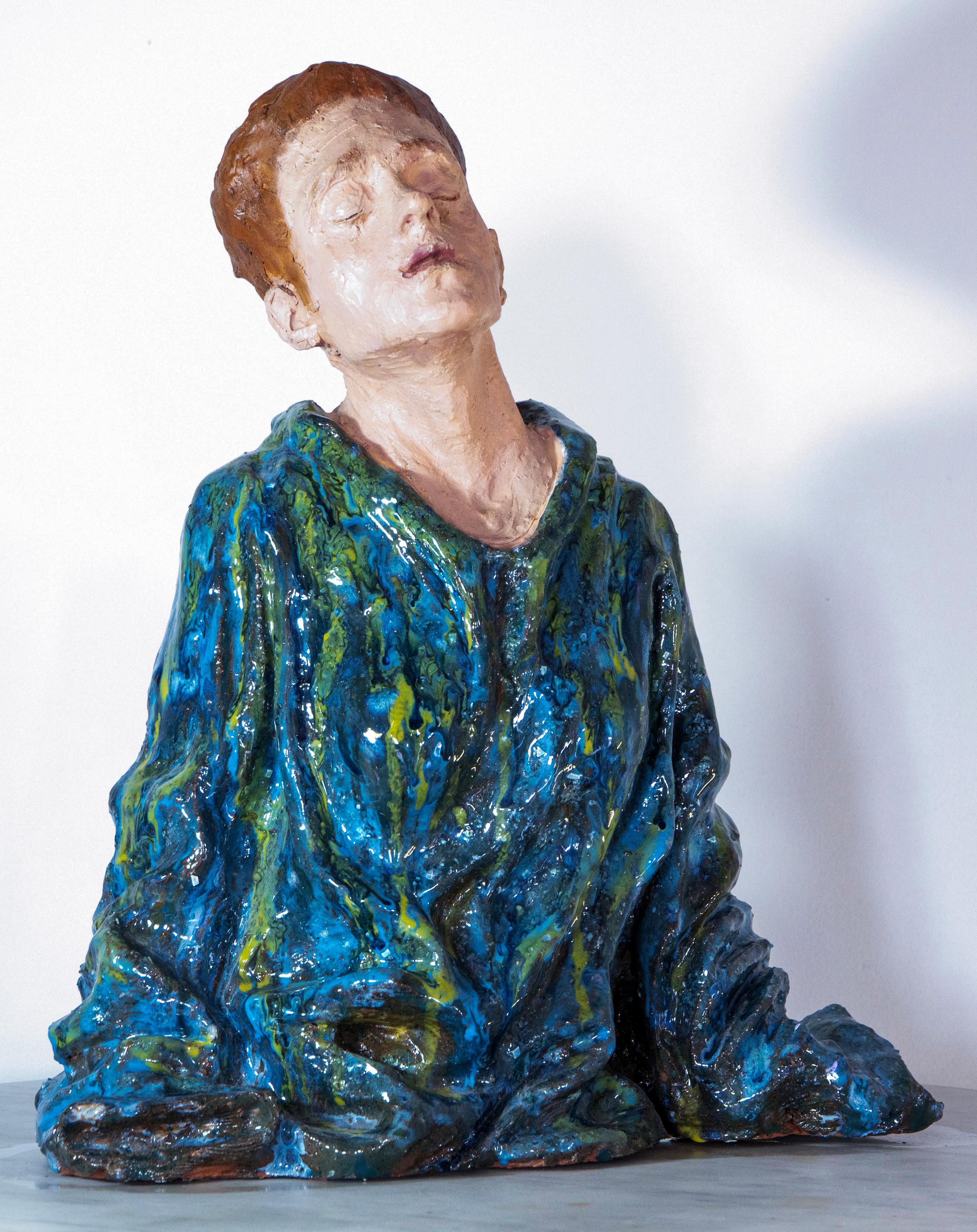 Low-Fired Glazed Ceramic Head with Oil-Paint Detail. Woman in Blue Cloak For Sale 6