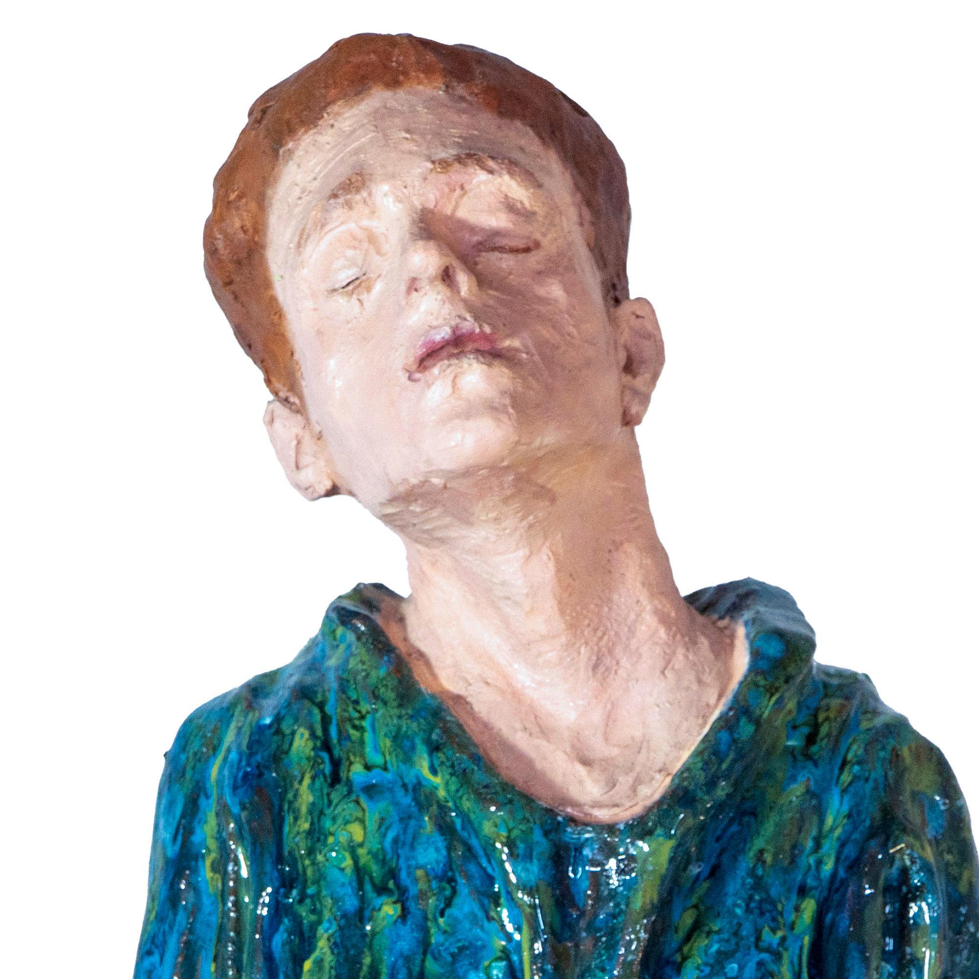 Low-Fired Glazed Ceramic Head with Oil-Paint Detail. Woman in Blue Cloak For Sale 7