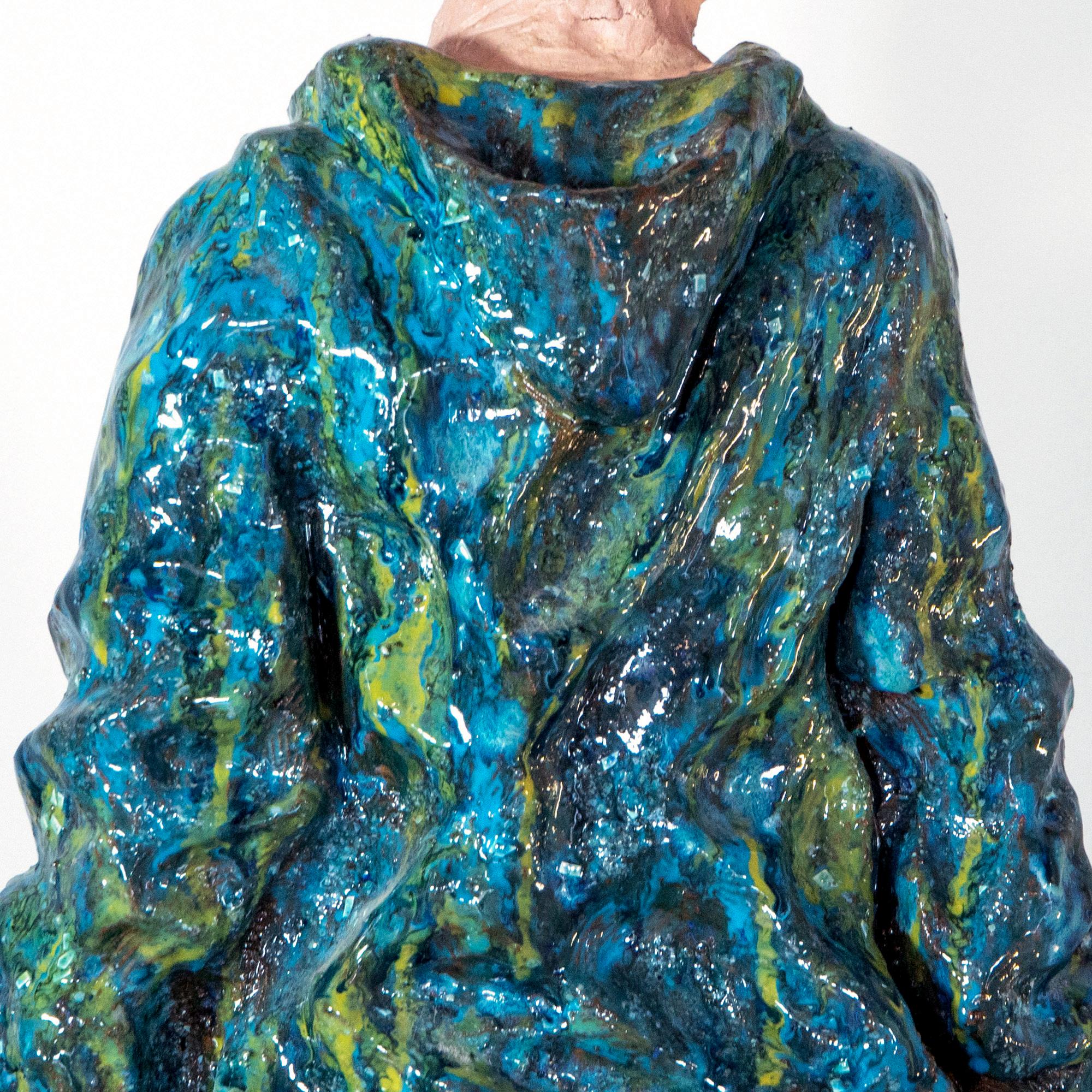 Low-Fired Glazed Ceramic Head with Oil-Paint Detail. Woman in Blue Cloak For Sale 8