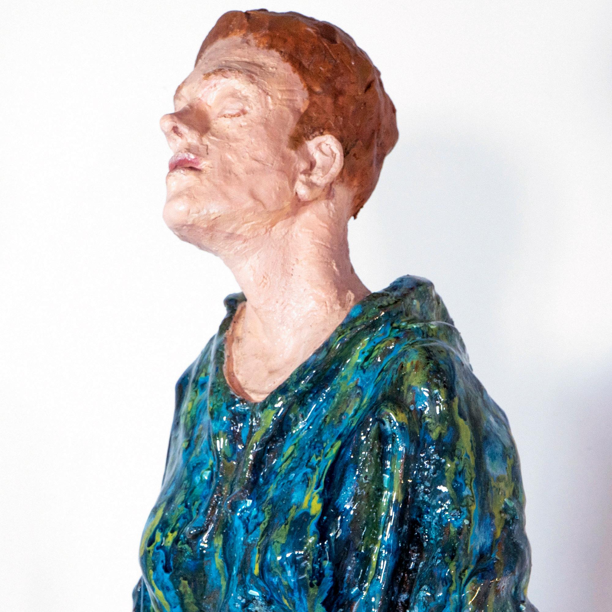 Low-Fired Glazed Ceramic Head with Oil-Paint Detail. Woman in Blue Cloak For Sale 9