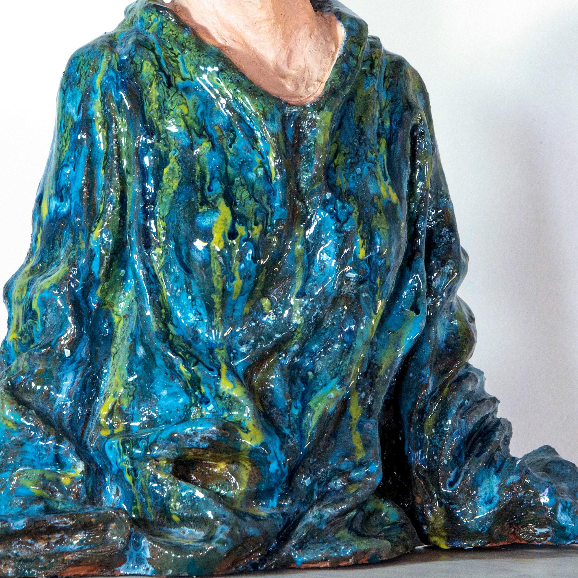 Low-Fired Glazed Ceramic Head with Oil-Paint Detail. Woman in Blue Cloak For Sale 10