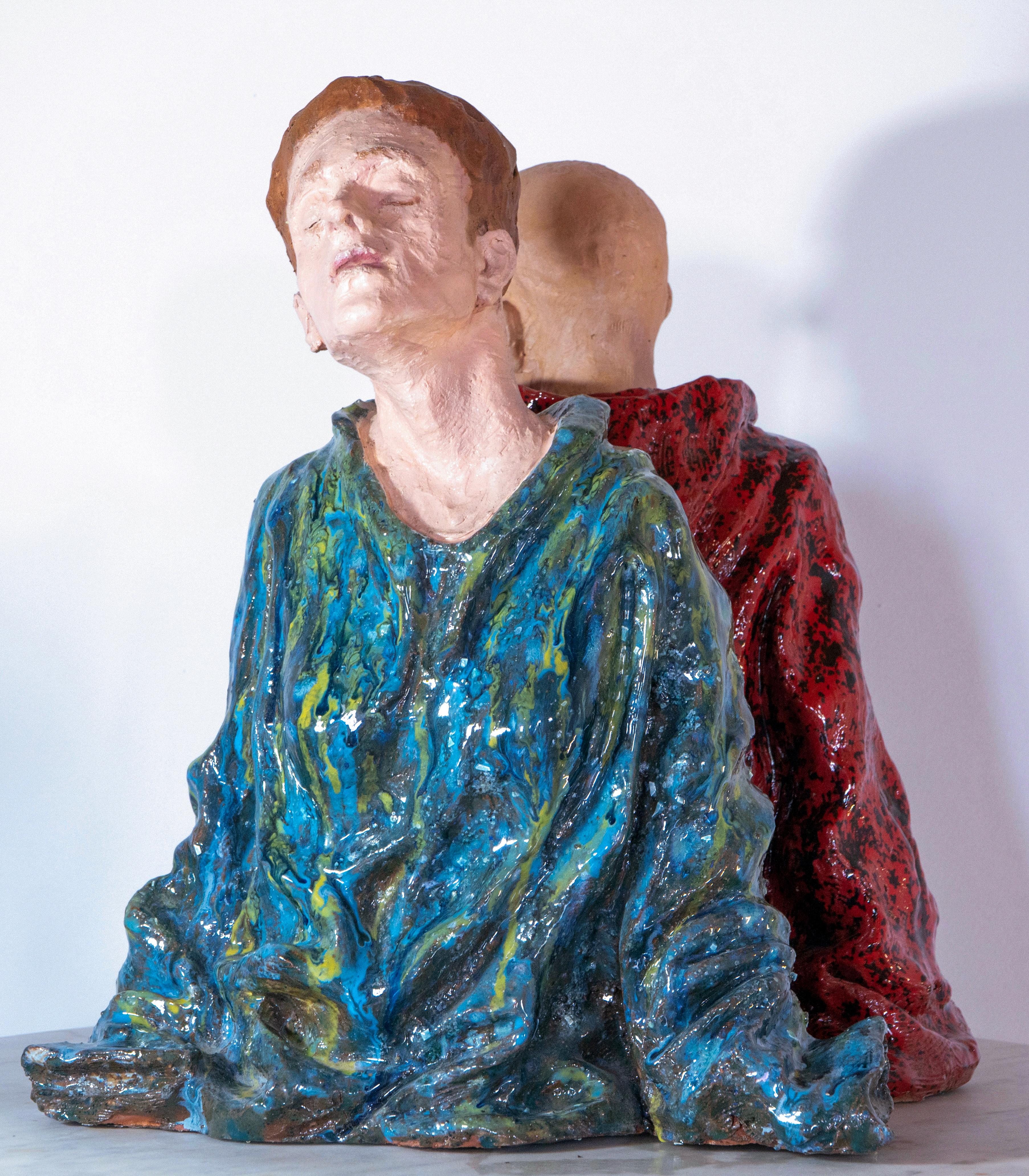 Low-Fired Glazed Ceramic Head with Oil-Paint Detail. Woman in Blue Cloak For Sale 11