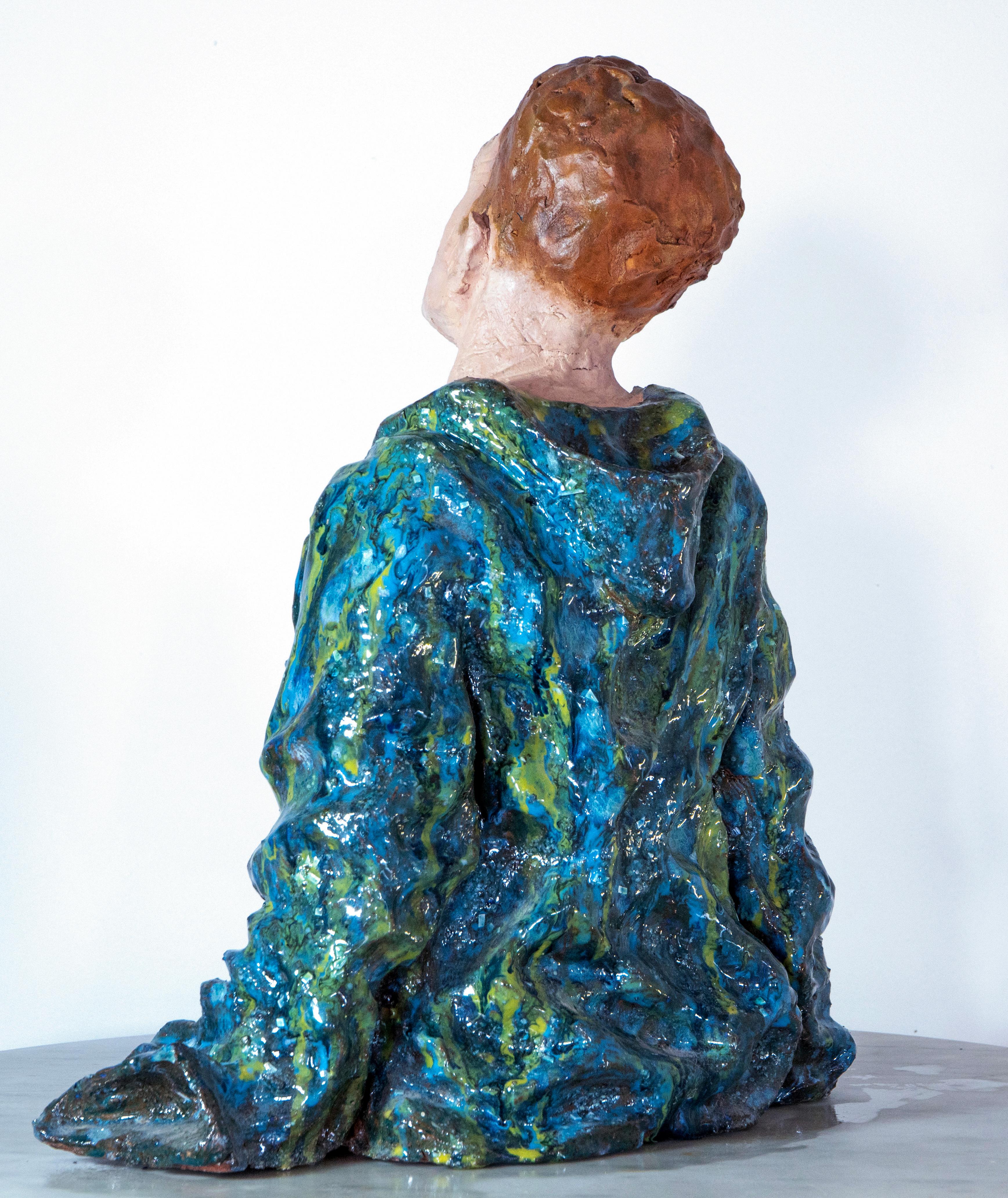 Low-Fired Glazed Ceramic Head with Oil-Paint Detail. Woman in Blue Cloak For Sale 1