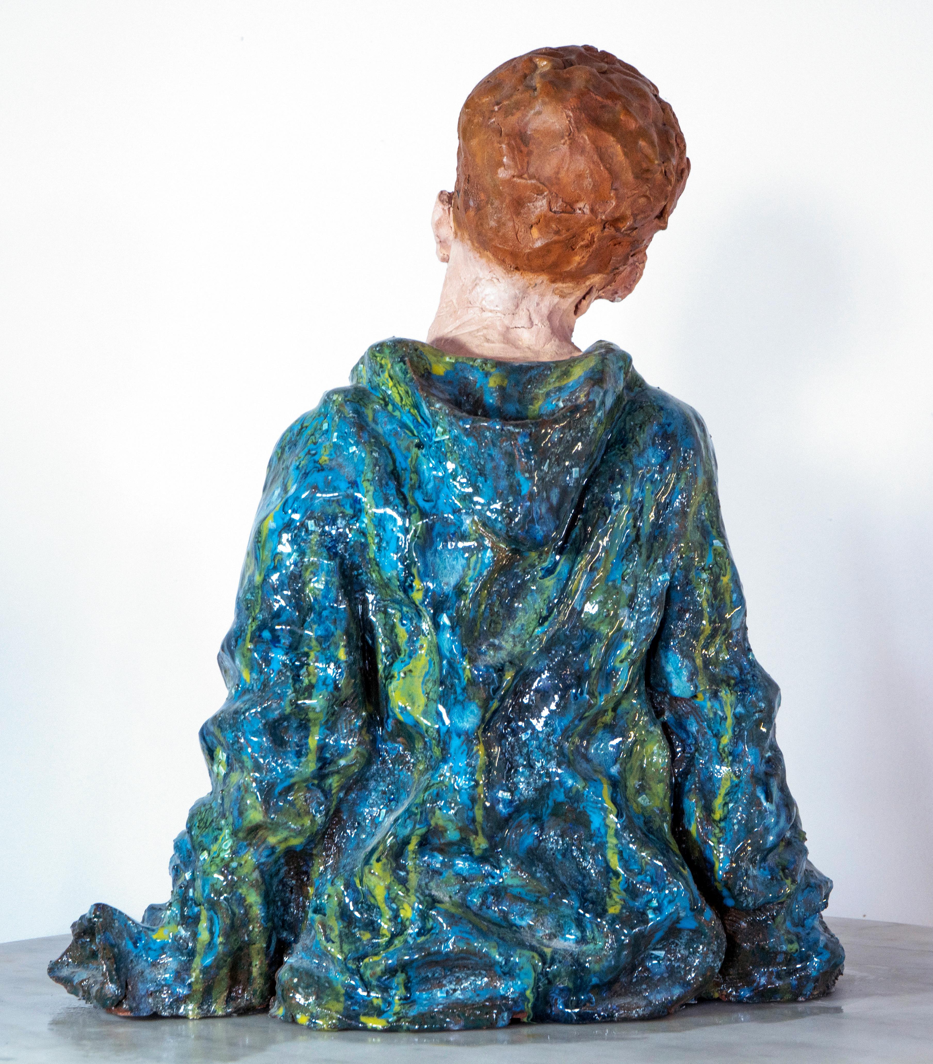 Low-Fired Glazed Ceramic Head with Oil-Paint Detail. Woman in Blue Cloak For Sale 2