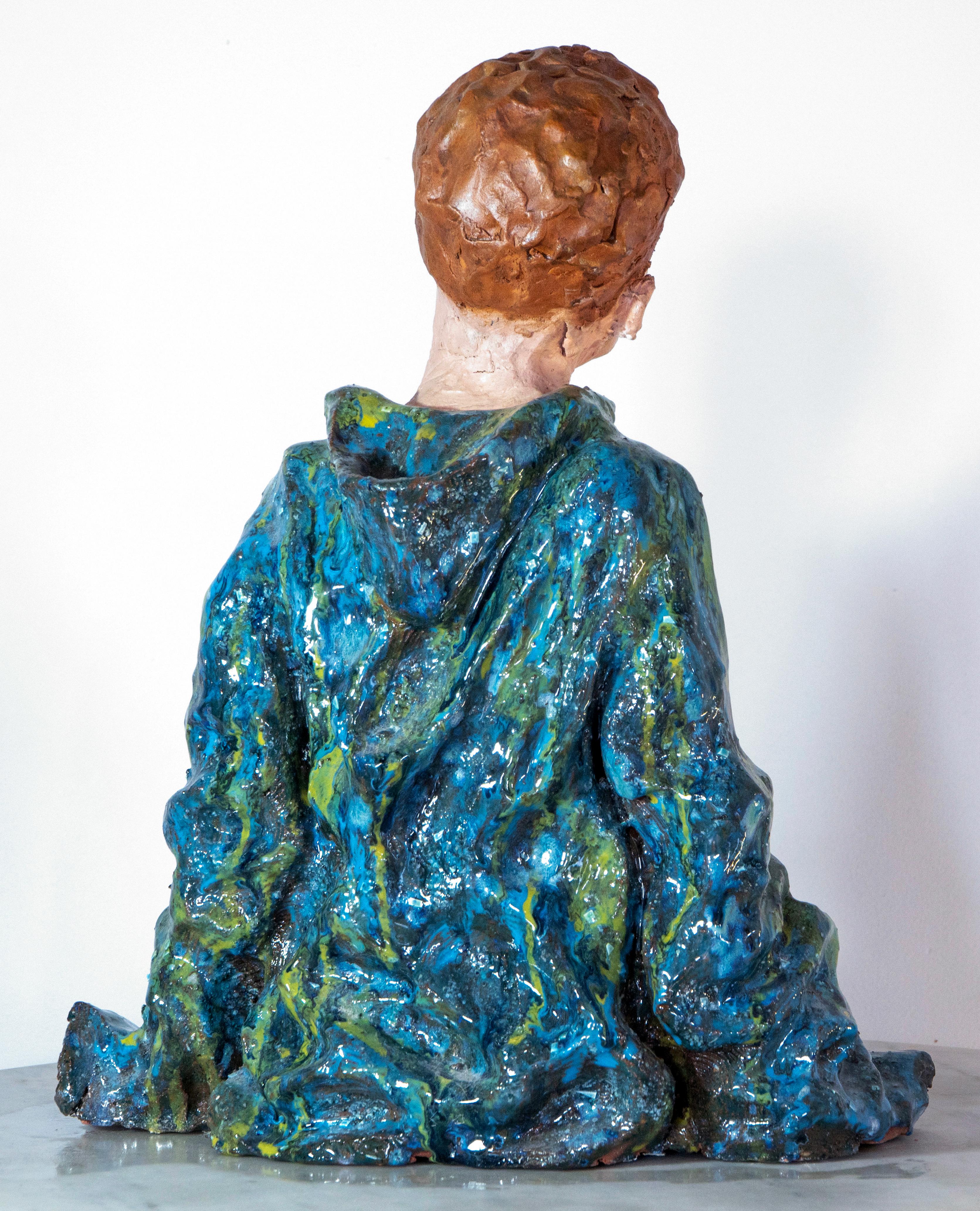 Low-Fired Glazed Ceramic Head with Oil-Paint Detail. Woman in Blue Cloak For Sale 3