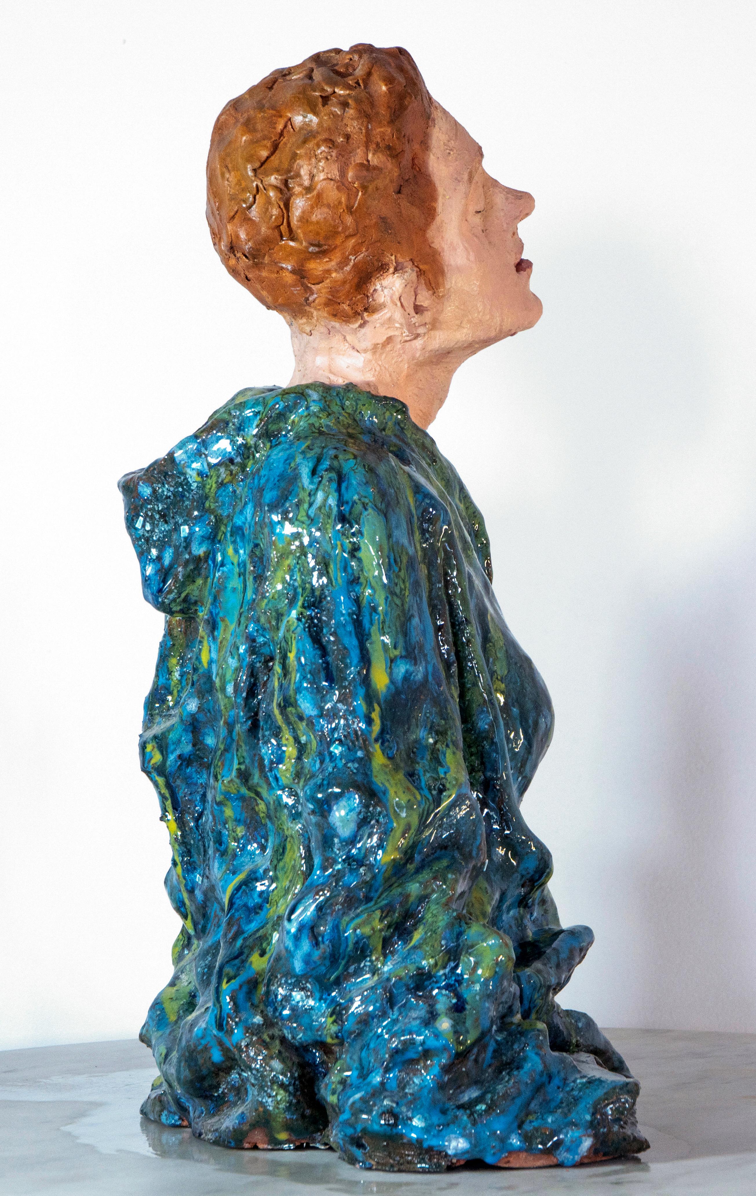 Low-Fired Glazed Ceramic Head with Oil-Paint Detail. Woman in Blue Cloak For Sale 4