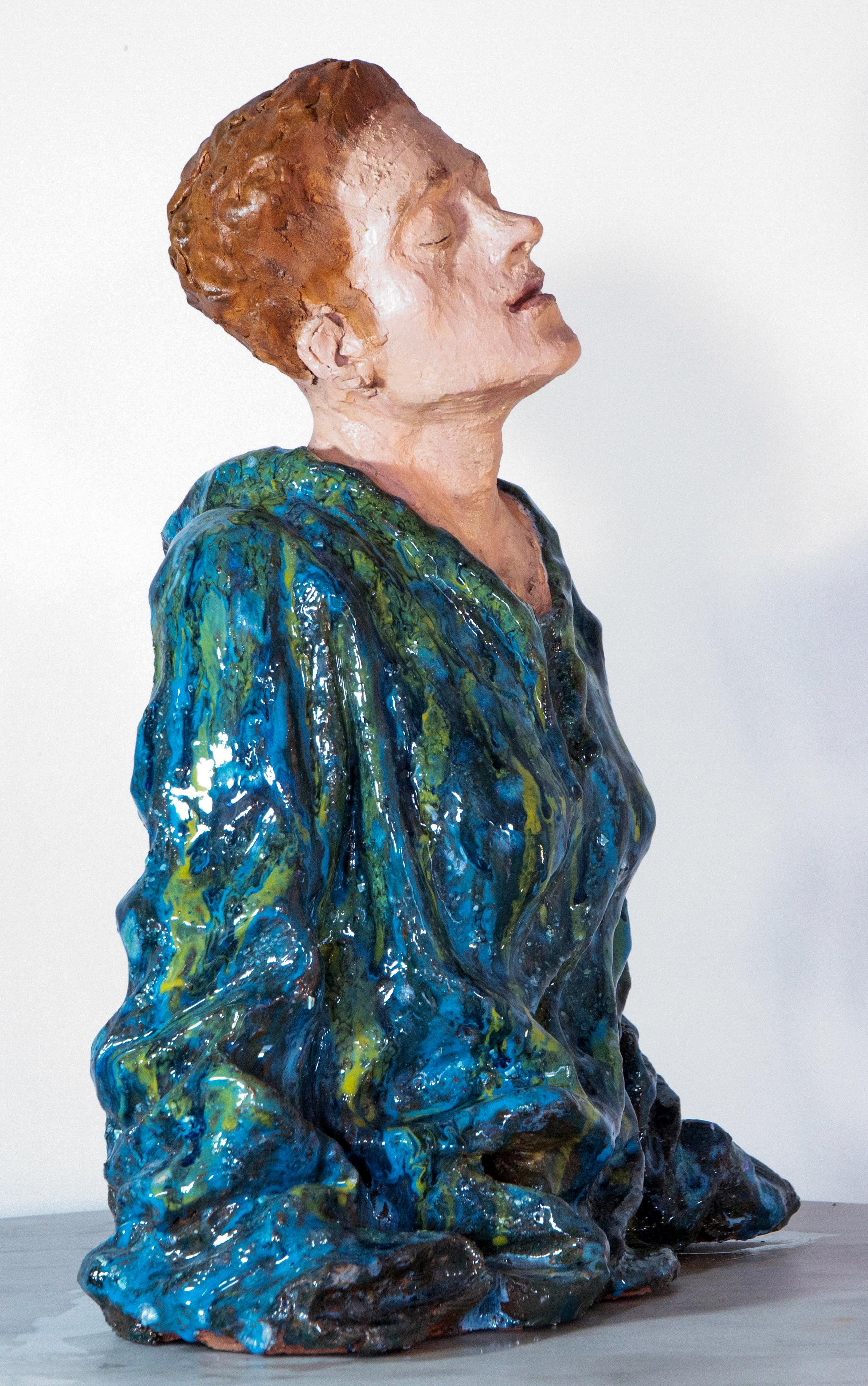 Low-Fired Glazed Ceramic Head with Oil-Paint Detail. Woman in Blue Cloak For Sale 5