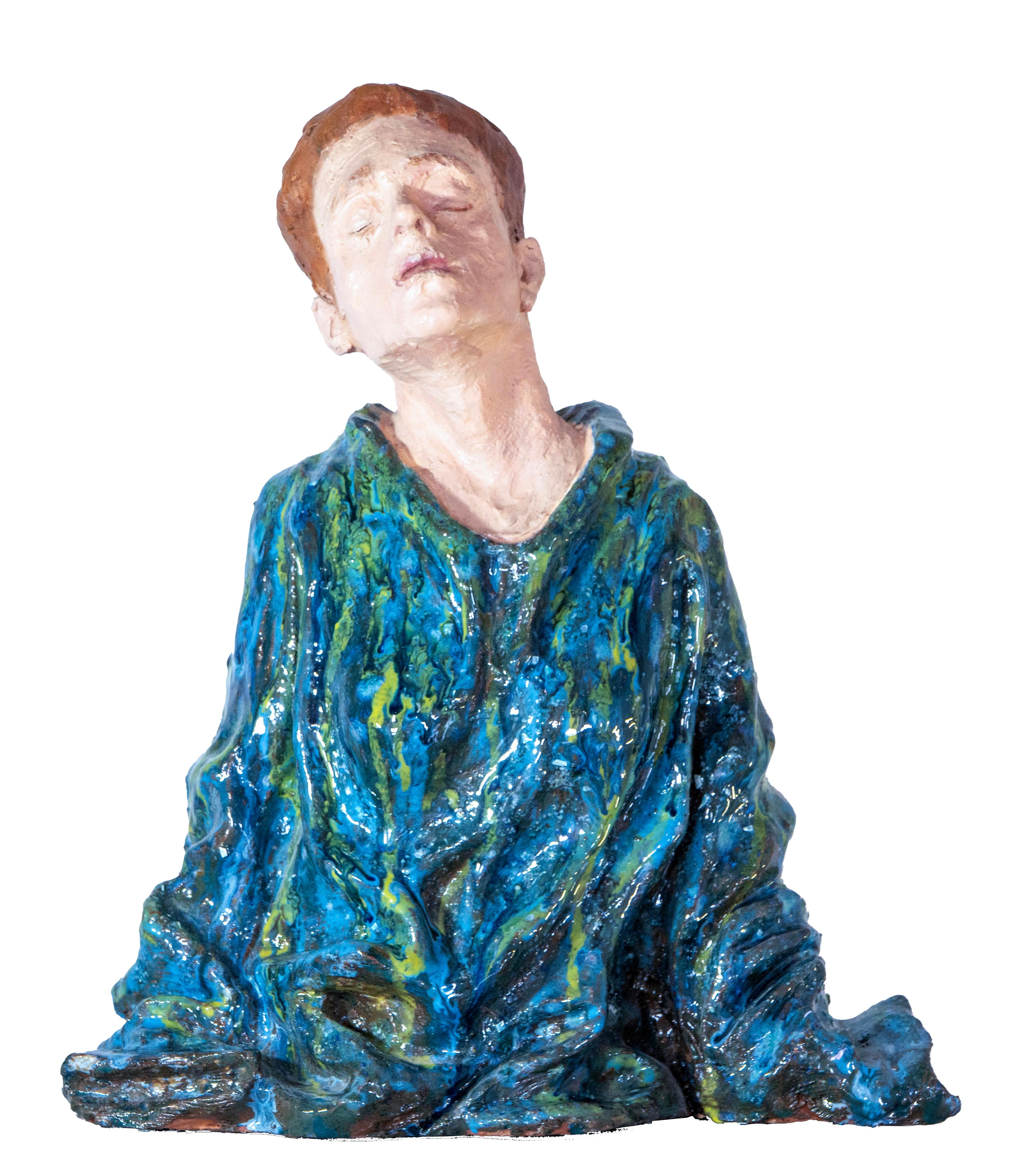 Óscar Aldonza Torres Figurative Sculpture - Low-Fired Glazed Ceramic Head with Oil-Paint Detail. Woman in Blue Cloak