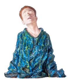 Low-Fired Glazed Ceramic Head with Oil-Paint Detail. Woman in Blue Cloak