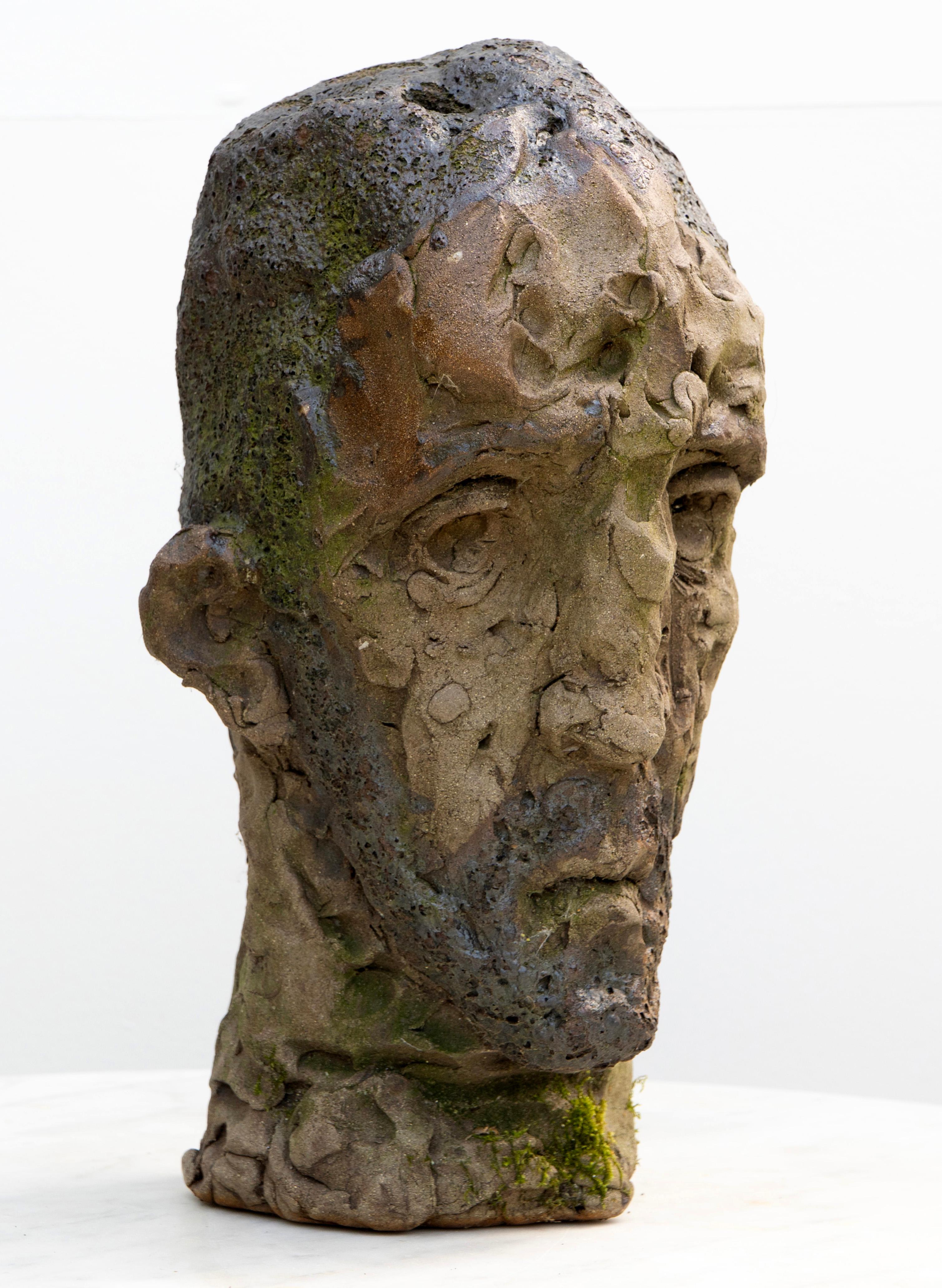 Moss-Patina Testa Kopf - Steingut Raku Keramik Skulptur, Expressionist (Expressionismus), Sculpture, von Óscar Aldonza Torres