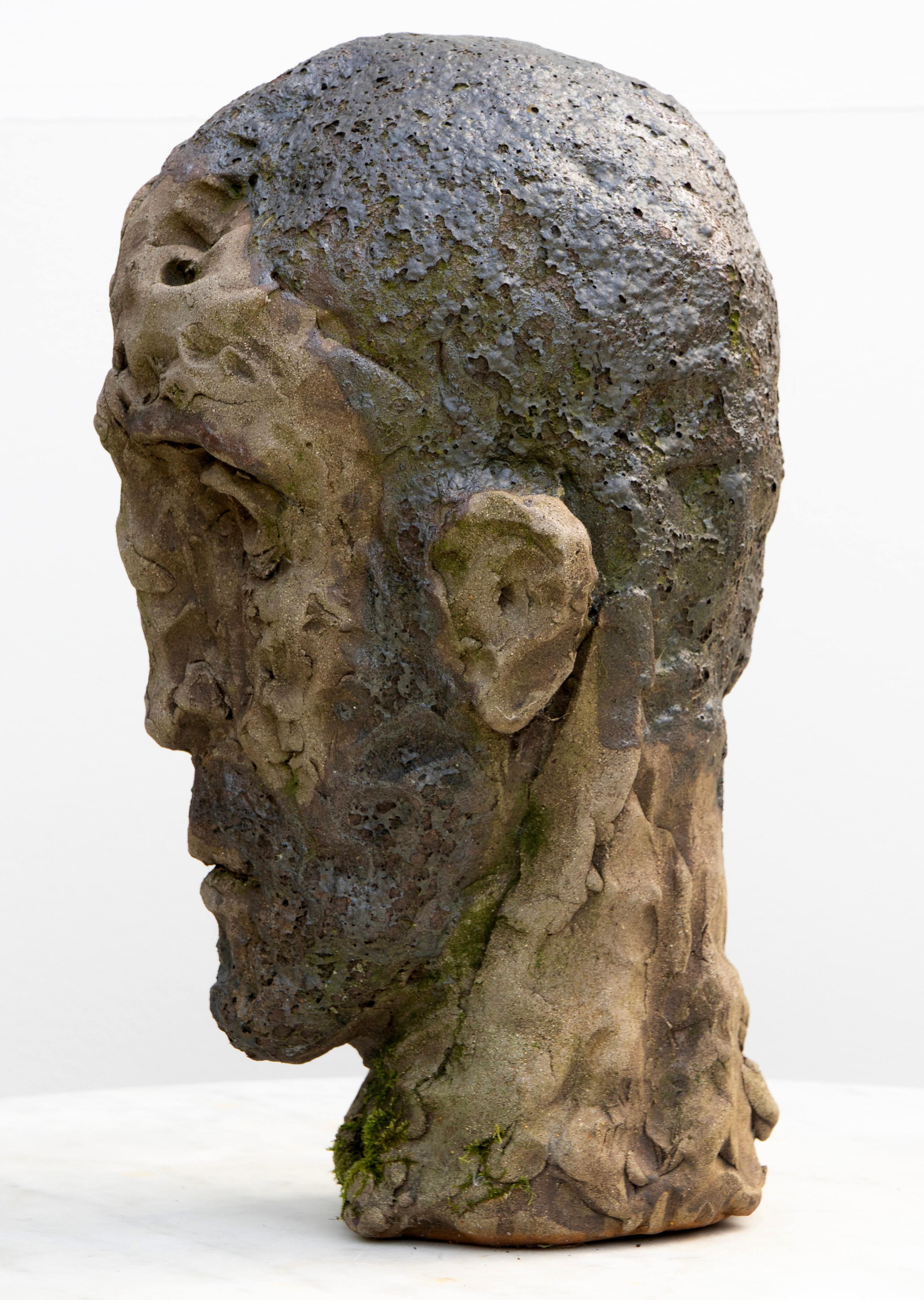 Moss-Patina Testa Kopf - Steingut Raku Keramik Skulptur, Expressionist im Angebot 4