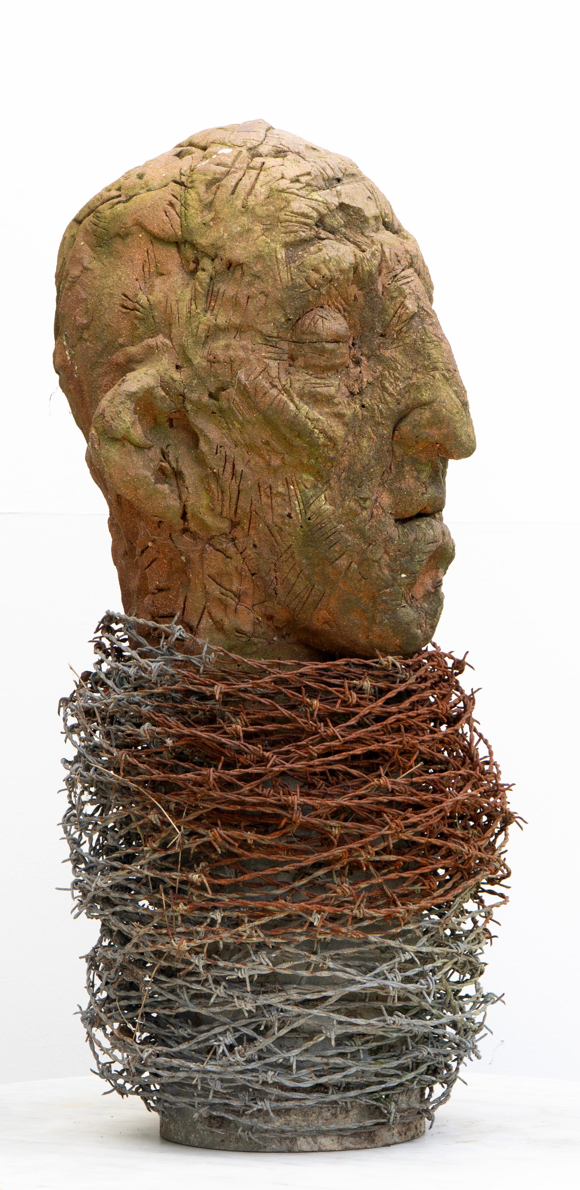 Stoneware Fired in Reduction with Embedded Barbed Wire, Sculpture 