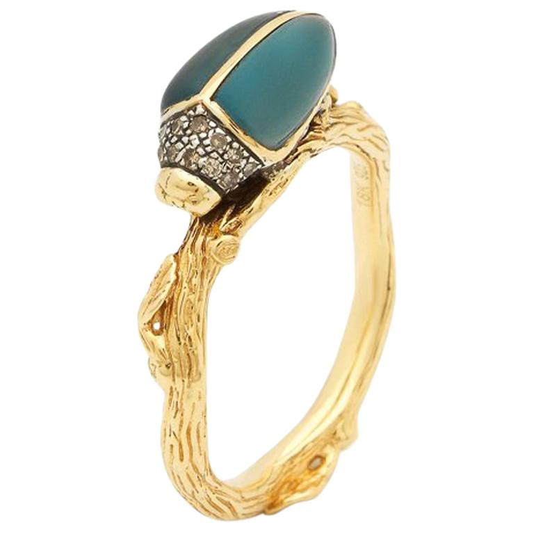 Scarab 18 Karart Gold Hand Carved Blue Topaz and Brown Diamond Stackable Ring For Sale