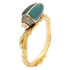 Scarab 18 Karart Gold Hand Carved Blue Topaz and Brown Diamond Stackable Ring