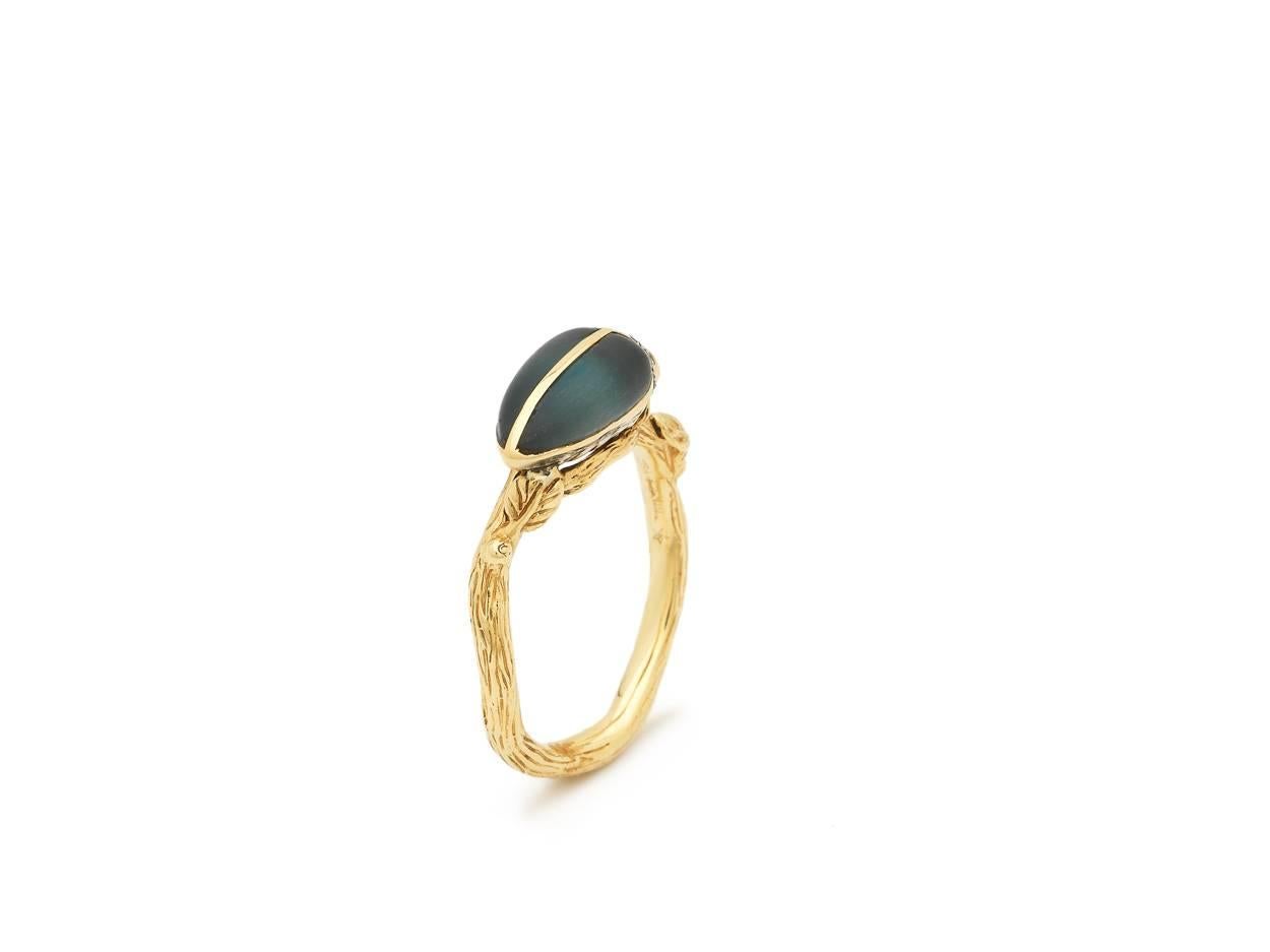 Contemporary Scarab 18 Karart Gold Hand Carved Blue Topaz and Brown Diamond Stackable Ring For Sale