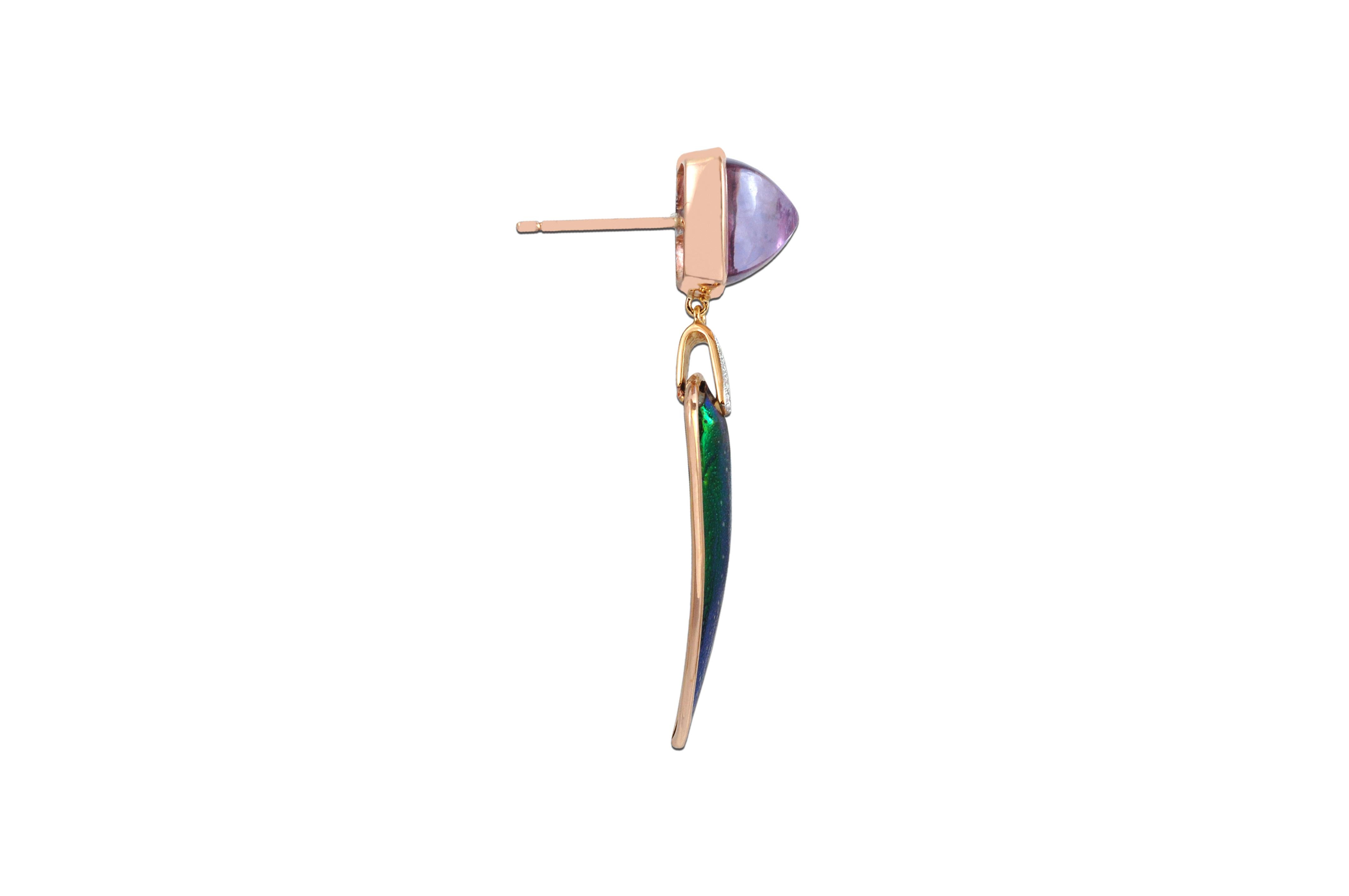 Sugarloaf Cabochon Scarab Amethyst with Diamond Scarab Earrings Set in 18 Karat Rose Gold Settings For Sale