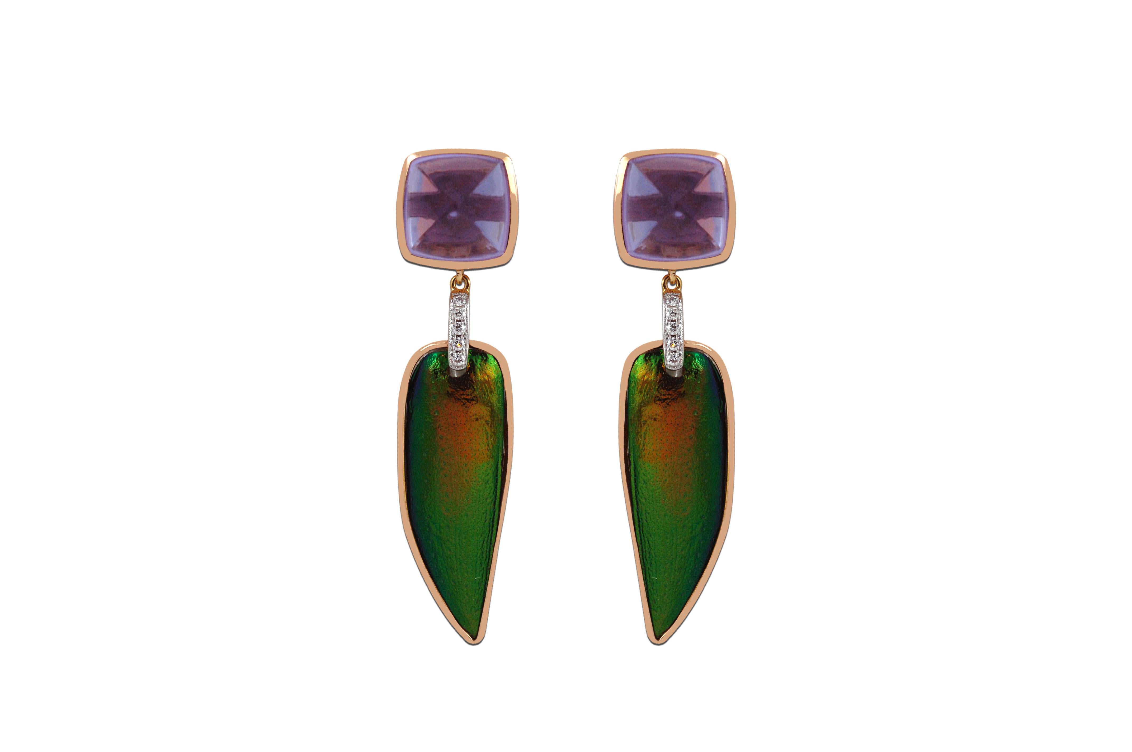Scarab Amethyst with Diamond Scarab Earrings Set in 18 Karat Rose Gold Settings In New Condition For Sale In Bangkok, TH